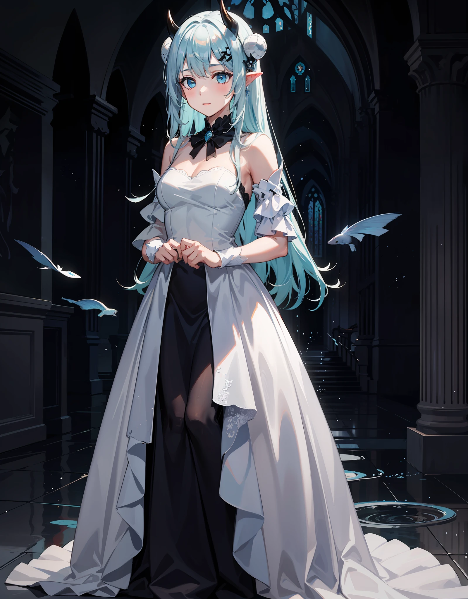 A girl with extremely long light blue hair with white demon horns and small with a long one, Seductive white ball gown in front of an abandoned cathedral filled with water and fish. Peito grande e enorme que mal cabem no vestido, chuva em plena noite estrelada, Water particles fly through the air