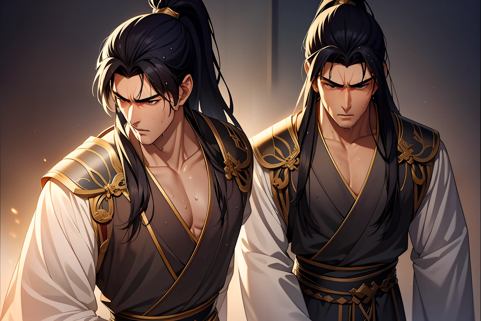 Two-dimensional, anime style, man (male warrior), muscle, correct proportions, face details, martial arts, high ponytail hairstyle, sweating, sweaty face, drooling, neck details, with Adam's apple, wet, wet, Hanfu costume, long robe, embroidered robe, dragon robe, clothing details, collar, long sleeves, game quality, swordsman demeanor, light and shadow tracing, ray tracing, detail glow, CG rendering, hair details, long black hair, golden eyes, sweaty face, handsome, handsome, sweat beads slipping down the neck, (juvenile feeling), complex clothing, wet, wet, perfect composition, refinement, high quality, more details, a lot of details, complex background, atmosphere,