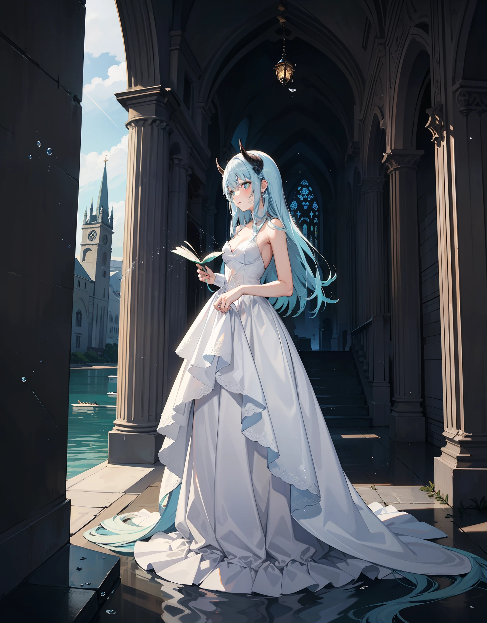 A girl with extremely long light blue hair with white demon horns and small with a long one, Seductive white ball gown in front of an abandoned cathedral filled with water and fish. Peito grande e enorme que mal cabem no vestido, chuva em plena noite estrelada, Water particles fly through the air