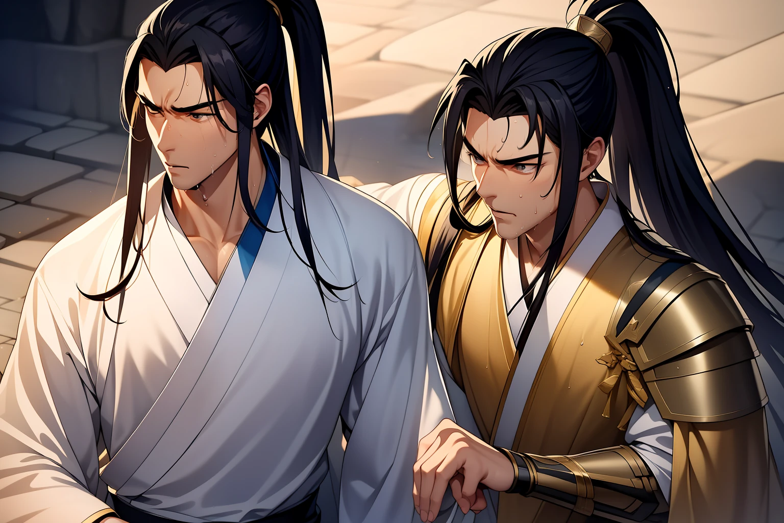 Two-dimensional, anime style, man (male warrior), muscle, correct proportions, face details, martial arts, high ponytail hairstyle, sweating, sweaty face, drooling, neck details, with Adam's apple, wet, wet, Hanfu costume, long robe, embroidered robe, dragon robe, clothing details, collar, long sleeves, game quality, swordsman demeanor, light and shadow tracing, ray tracing, detail glow, CG rendering, hair details, long black hair, golden eyes, sweaty face, handsome, handsome, sweat beads slipping down the neck, (juvenile feeling), complex clothing, wet, wet, perfect composition, refinement, high quality, more details, a lot of details, complex background, atmosphere,