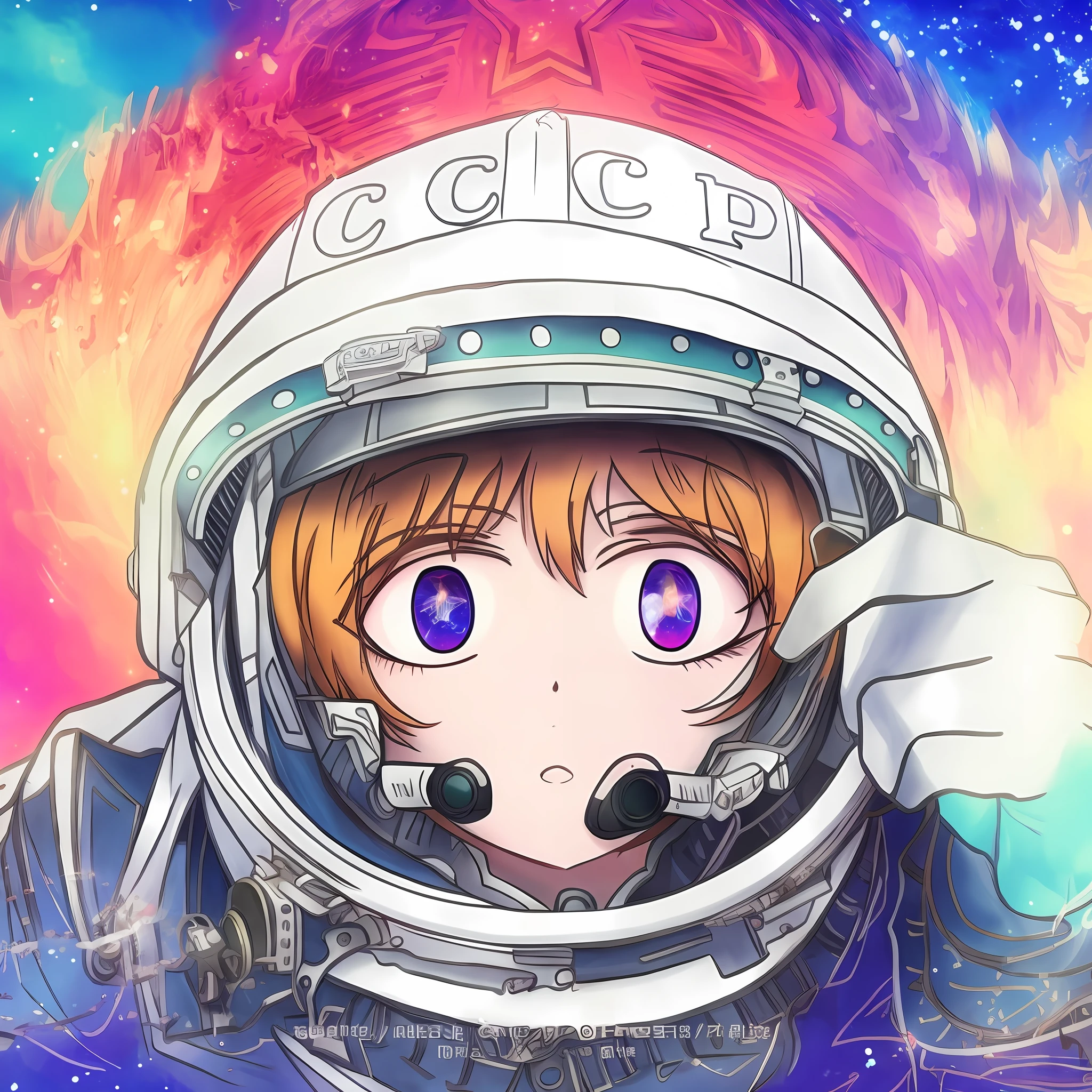 Anime girl wearing spacesuit，Blue eyes point to something, portrait anime space cadet girl, cosmonaut, Communist Party of China, girl in space, Pisif, Pisif Contest Champion, style of macross, mcross, anime art nouveau cosmic display, In space, Pisif style, at pixiv, space molly, sovietwave aesthetic, macross frontier