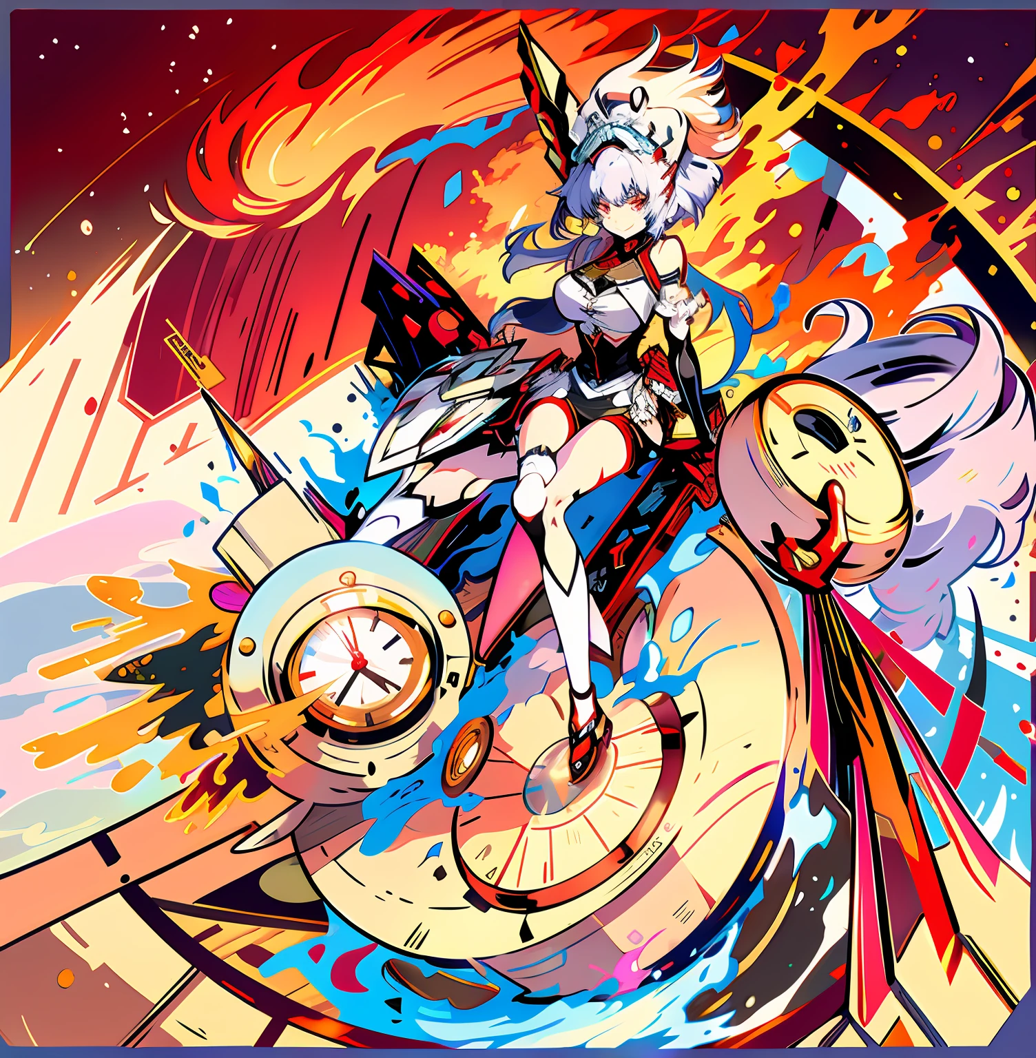 Anime girl sitting on a clock surrounded by fire and flames, Kantai collection style, A scene from the《azur lane》videogame, azur lane style, Mechanized Valkyrie girl, Ayaka Genshin impact, Official artwork, From Arknights, Kushatt Krenz Key Art Women, Detailed key anime art, high detailed official artwork, Splash art anime ,Cyberron