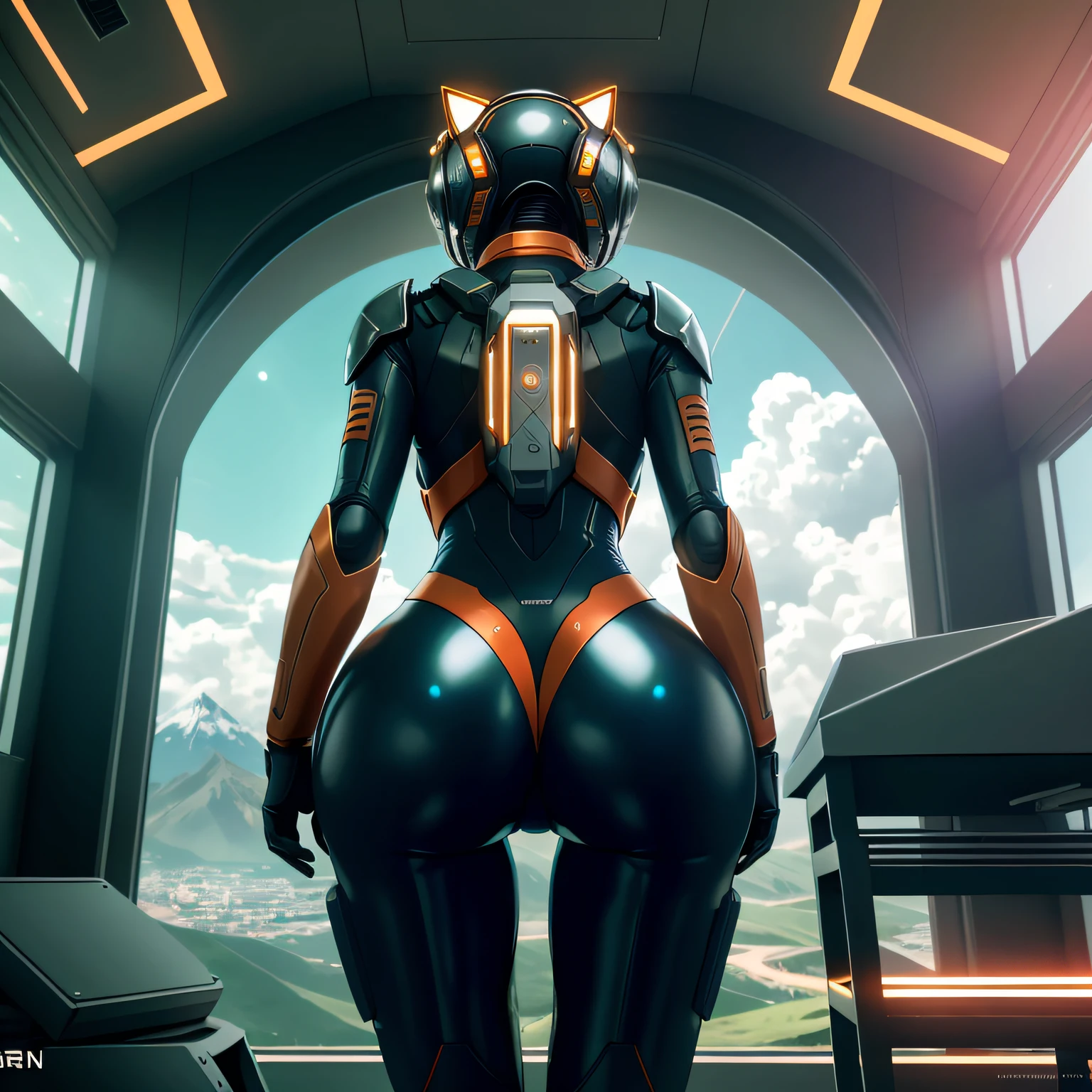 rear angle,Highly detailed RAW color photos,rear angle,full bodyesbian,(robotic cat,Wearing orange and white spacesuits,shelmet,Tin plated mask,Rebreathers,accentuated booty),exteriors,(Look up at advanced alien structures,On an alien planet),tonedbody,big assa,(sci-fy),(mountain ranges:1.1),(Dense green vegetation),(two moons in sky:0.8),(The is very detailed,ultra - detailed,复杂),((DAY TIME)), (lens flare:0.7), (bloom:0.7), particle effects, raytracing, cinematic lighting, shallow depth of field, photographed on a Sony a9 II, 50mm wide angle lens, sharp focus, cinematic film still from Gravity 时间),(lens flare glow:0.7),(bloom:0.7),particle effect,Ray traching,cinmatic lighting,shallowdepthoffield,Shot on Sony a9 II,50mm wide-angle lens,sharp fokus,Still images from Gravity's motion picture film 2013,from back --auto