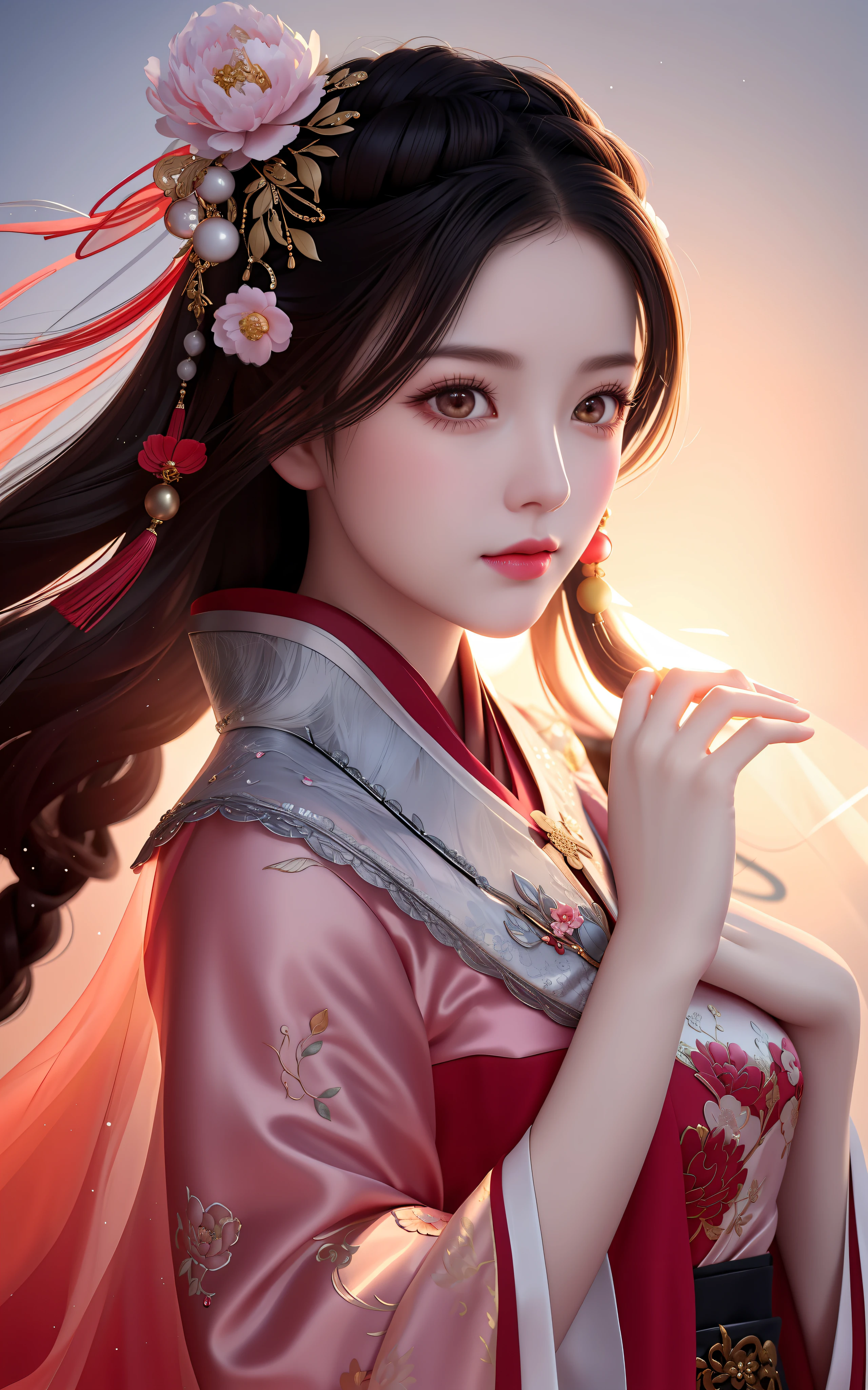 Masterpiece, upper body, 1 girl, mature woman, chinoiserie, ancient china, sister, twisted braid, curly hair, double ball head, pale pink lips, calm, intellectual, red eyes, tassels, silver thread, beads, peony flowers, robes, cloak, silk skirt, embroidery, delicate face, face close-up, hand close-up, light clothes, beautiful face, realistic, edge lighting, two-tone lighting, (high detail skin: 1.2), 8k uhd, DSLR, soft light, high quality, volumetric lighting, photo, high resolution, 4k, 8k, 8k, Background bokeh