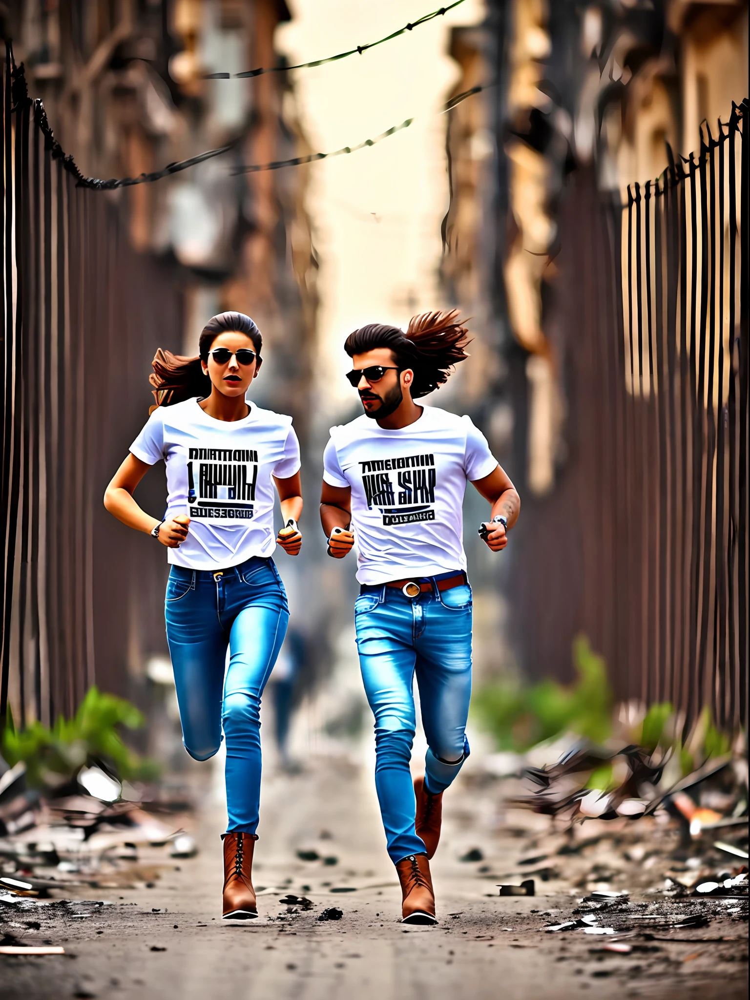 "((best quality)), high contrast, dark, Dystopian, A world in despair, oppression, revolution, barbed wire, ruins, decay, hopelessness, riots, revolution, desolation, challenge, rebellion, young couple 22 years, tirkish beautiful girl, Tirkish handsome man, running in white basic round neck Tee-shirt, full length tees, tight jeans, perfect legs, ankle boots, both running on street, scary,