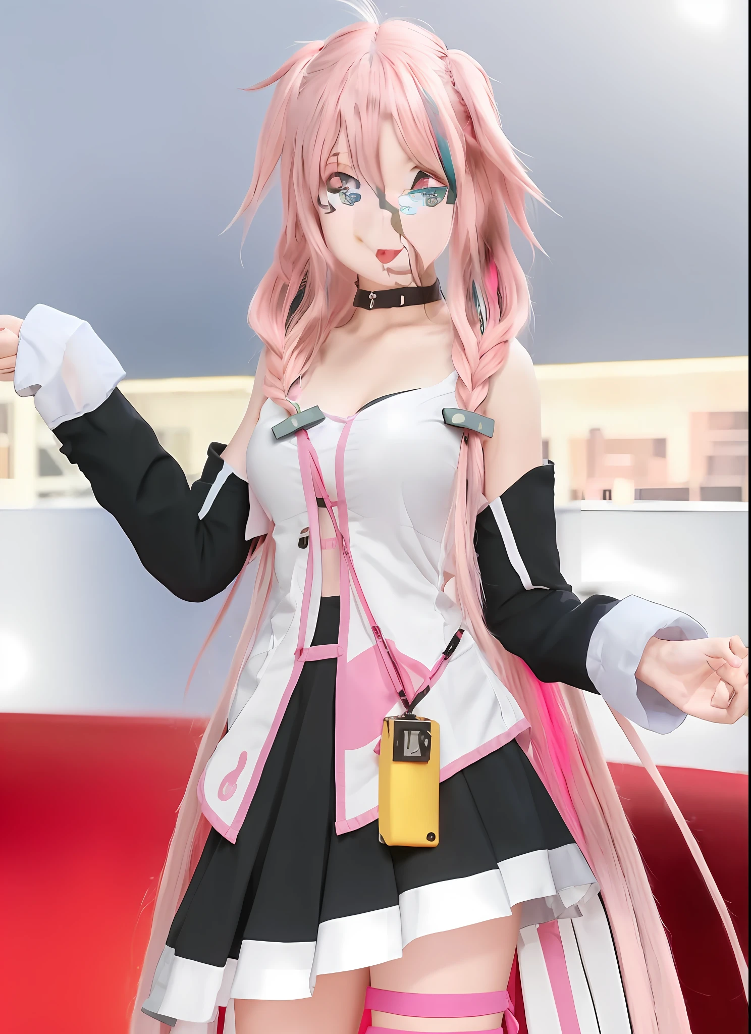 a beauty girl,18year old,Girl with long pink hair, pink twintail hair and cyan eyes, best anime 4k konachan wallpaper, from arknights, azur lane style, Humanoid pink woman, 4k, Women's Swing Dress Denim Shirt One Piece Maxi Dress Denim Formal Casual,a miniskirt、cleavage of the breast