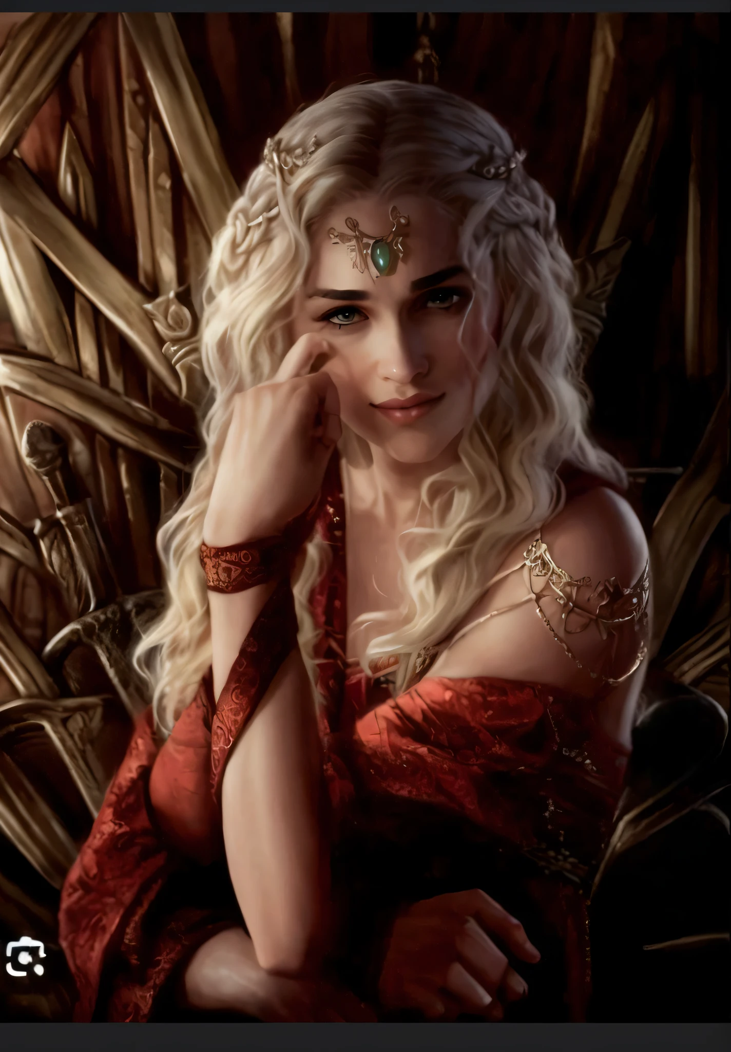 a close up of a woman sitting on a throne with a sword, magali villeneuve', inspired by Magali Villeneuve, portrait cersei lannister sit, by Magali Villeneuve, queen of dragons, graphic artist magali villeneuve, game of throne art, from of thrones, blonde elvish empress, portrait of an elf queen, daenerys targaryen