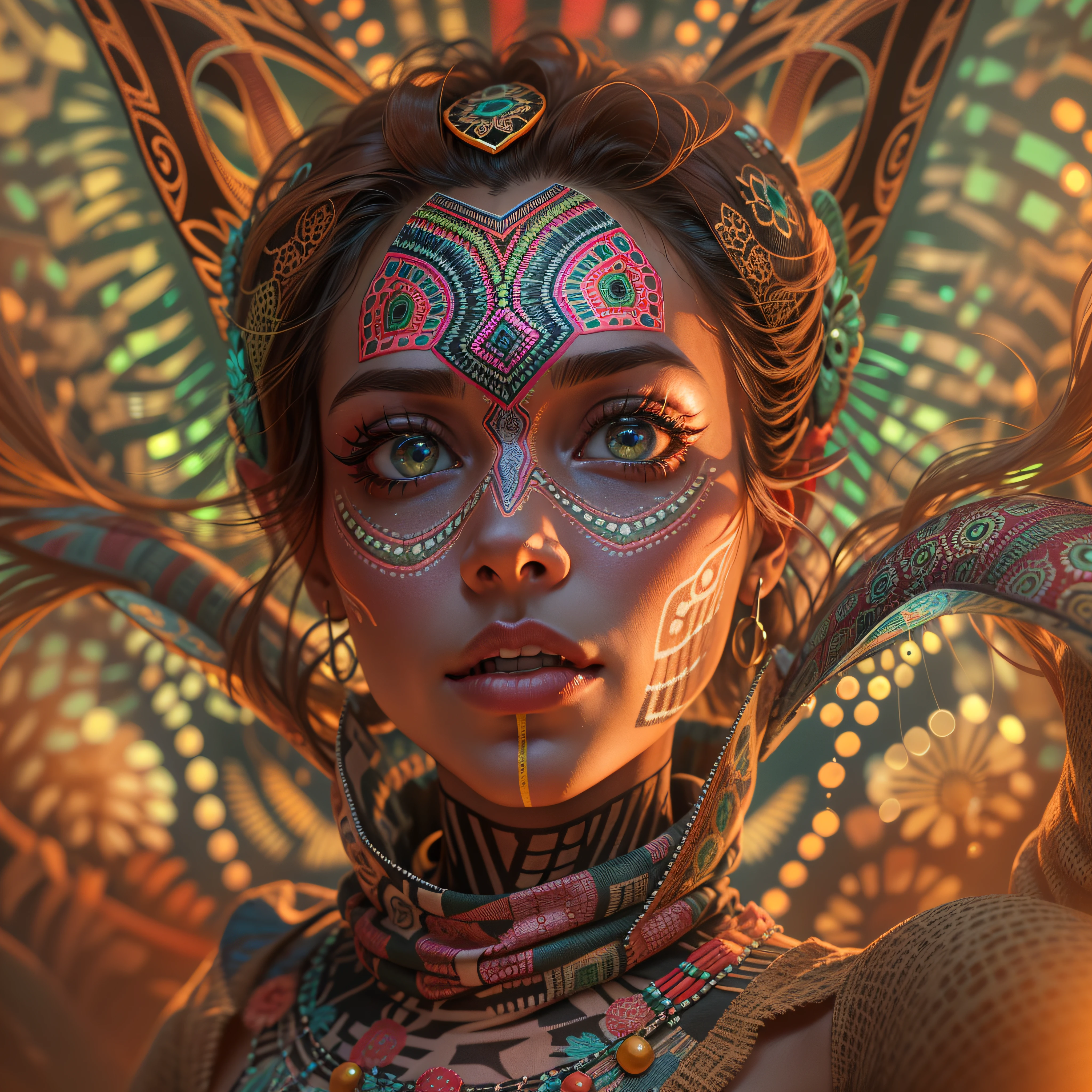 triboluminescence, atmospheric androgynous skeleton sandy eyes, covered in fish scales wearing dashiki, sooty and tawny glow in background, rosy eyeliner, LSD fractals in background, psychedelic, giraffe, comic book style, Bagan goddess, ultra face detail, 8k, hyperrealistic, Unreal Engine 5, Octane render