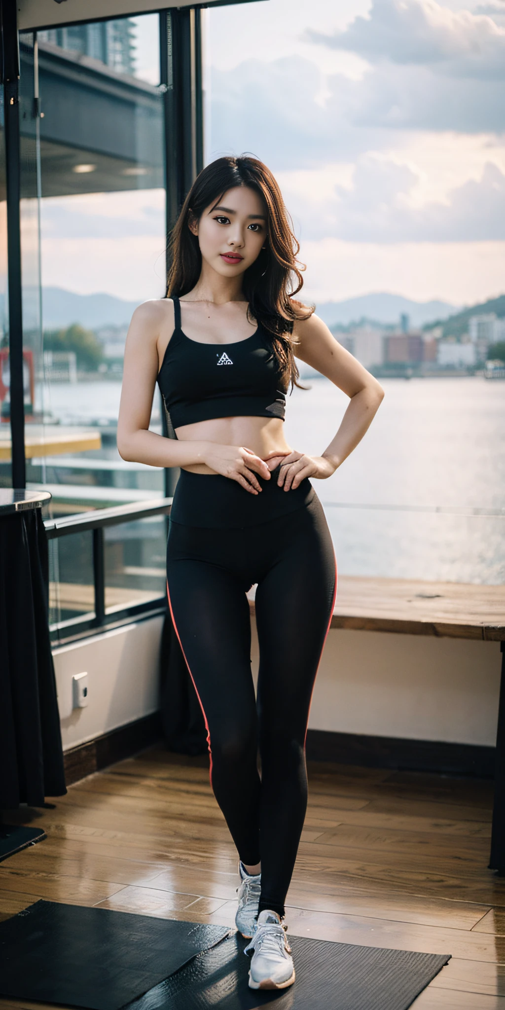 background of a gym,（Wear tight fitness yoga clothing：1.4），独奏，nice hand，4K，A high resolution，tmasterpiece，best qualtiy，（realisticlying，A high resolution：1.3），1 beautiful girl with perfect body，Ultra-fine face and eyes，long whitr hair，vests：1.2 random colors，Pubic hair shows through，（20 days：1.2），（thigh high：1.4）,（（Hasselblad photograp）），finelydetailedskin，Clear focus，（cinmatic lighting），Gentle lighting，dynamic angle， [:(Detailed face：1.2）：0.2]，Medium peep，mediuml breasts，nedium breasts，（（（Inside the luxurious gym））），1girll，jewely，耳Nipple Ring，Orange_sky，独奏，Long_Hair，mole under eyes，Royal blue eyes，looking at viewert，Random hair color，Fashionab，（tilt of the head：1.4），cparted lips，Slight smile，Small man's waist，Peach buttocks，Cocked buttocks，Delicate fingers，detailed finger，Nice fingers，Detailed legs，((Seven-doppelganger shot，full body shot shot，in a panoramic view))