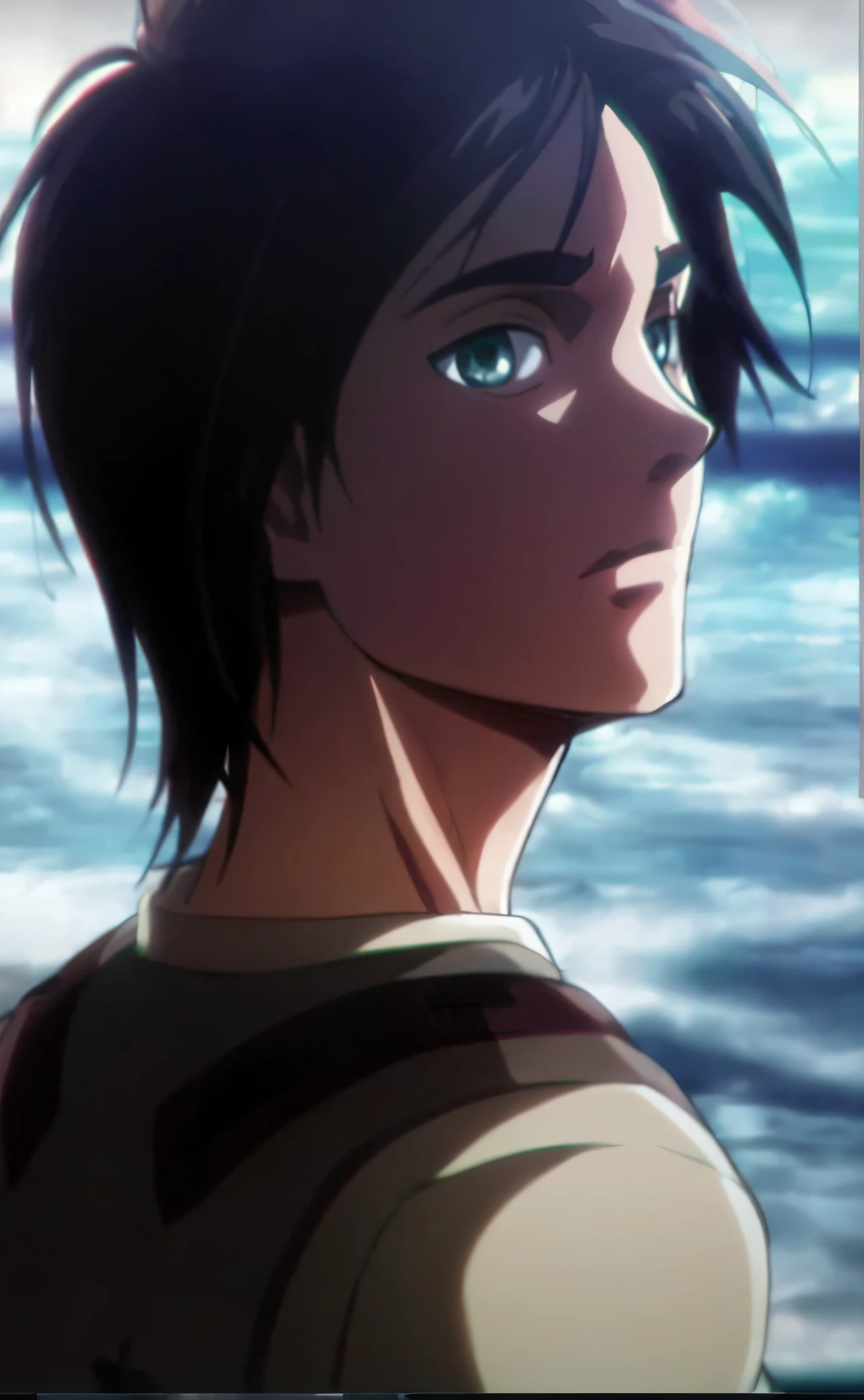 a woman with a black hair and a brown shirt looking at the ocean, eren yeager, portrait of eren yeager, eren jaeger, from attack on titan, (attack on titans anime), levi ackerman, in attack on titan, shingeki no kyojin, style of hajime isayama, official art