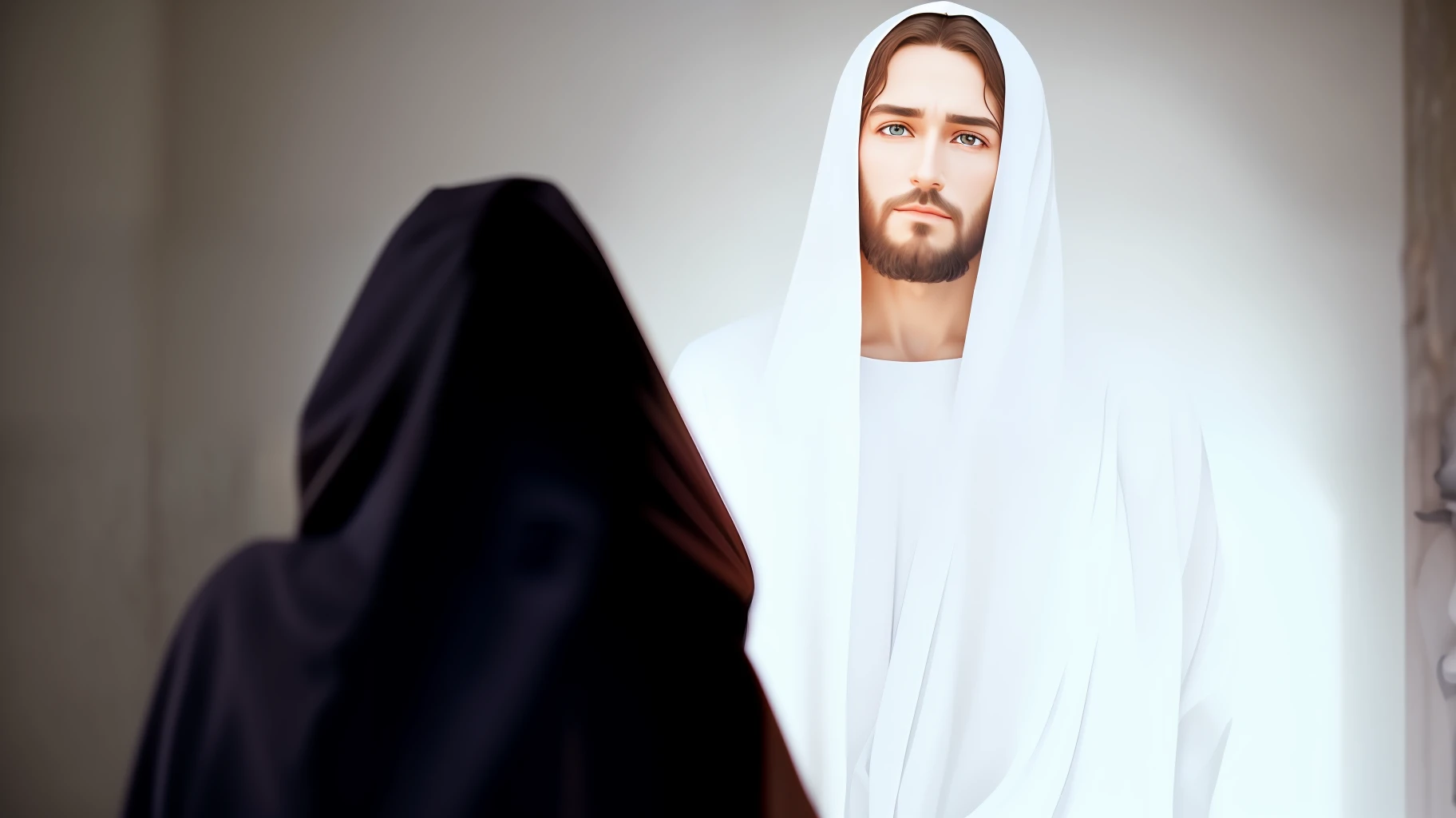 photo of Jesus, in biblical times Jesus, Photorealistic light environment, full face, looking at the Camera, calm eyes, serene and loving face, sweet look, is with lights in the background, The whole environment is clear, Photo by Busto --auto --s2