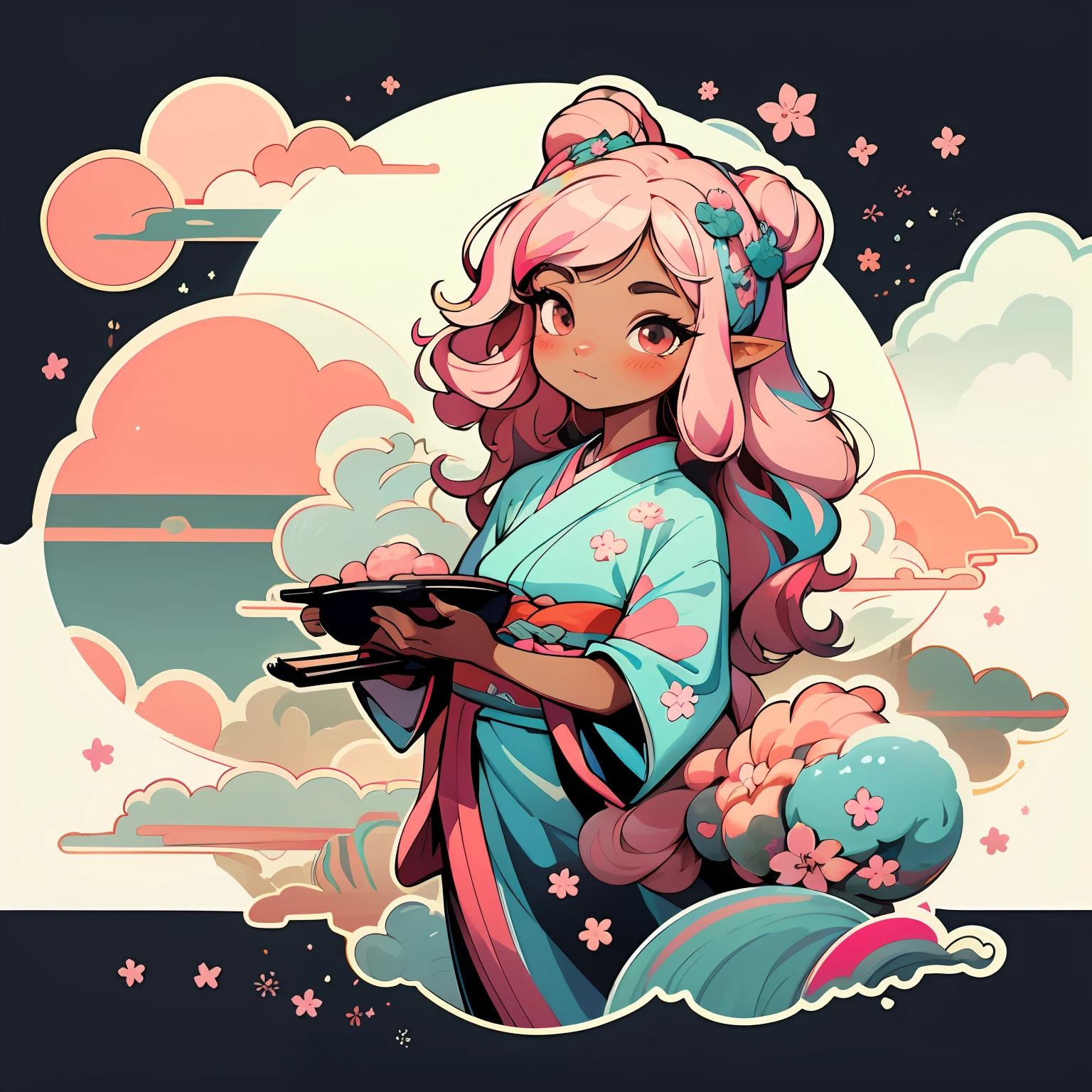 1 sticker, sticker, nikkaze, (1cute girl, dark brown skin, long white hair, two-toned hair, pink hair, elf ears,), (gorgeous kimono), (gorgeous hair accessory), (Japanese traditional hairstyle), cherry blossoms, clouds, behind is a huge round moon, stars, white background, no background, simple background, minimal, cute, tiny, pastel color, vector style, no gradient, pink