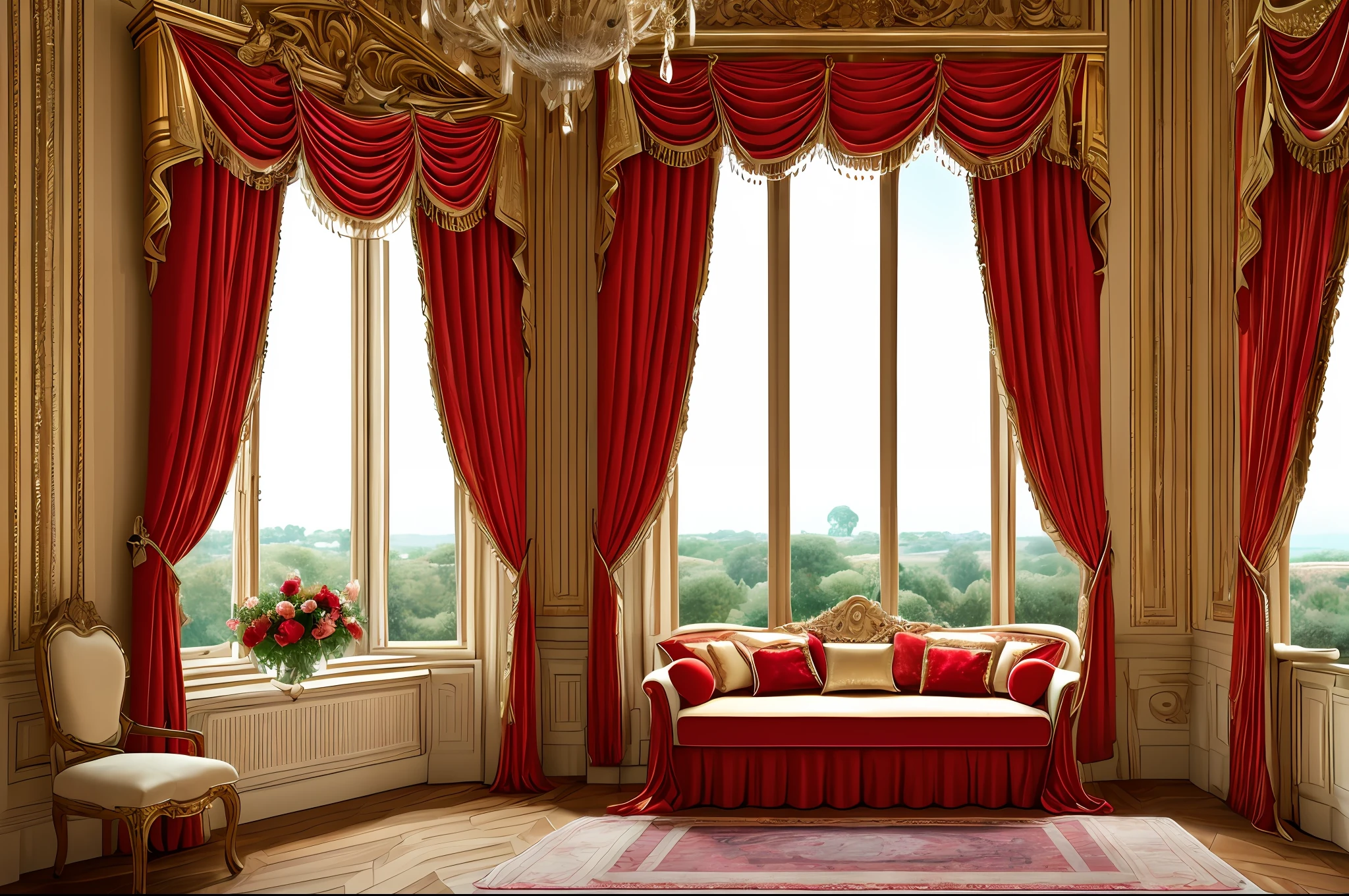 (art work, high quality photography), there is a room with a red curtain and a vase of flowers, baroque style painting background, beautiful curtains, background made of large curtains, red, turquoise and red Venetian curtains, elegant and ornate, ornate and elegant, baroque interior, photo of a beautiful window, ornate background, elegant baroque, alizarin curtains, royal interior, wrapped in velvet and flowers
