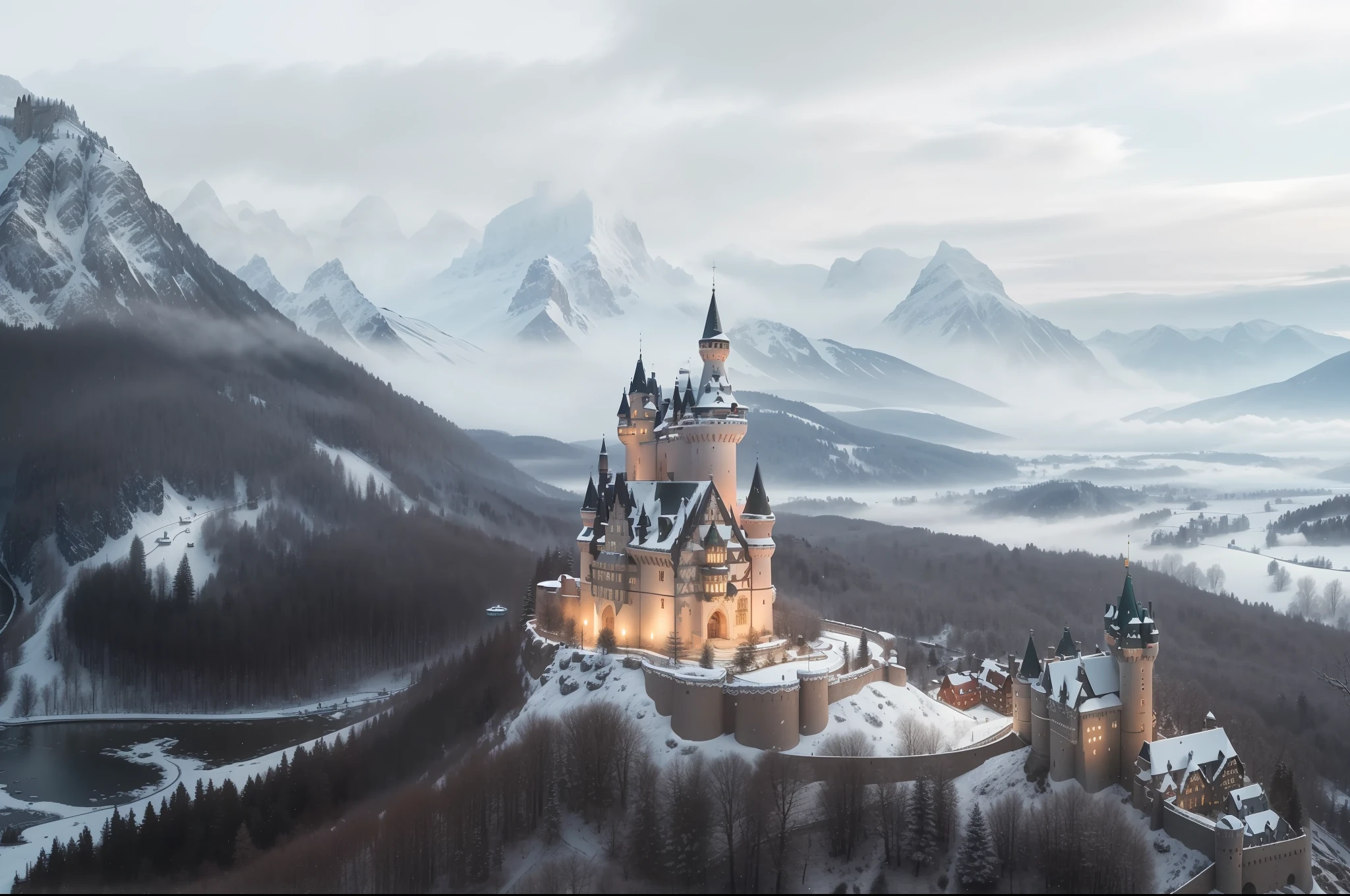 (very detailed CG unity 8k wallpaper),arafed castle in the middle of a snowy mountain range, beautiful castle, fairy tale place, drone photography, shot from a drone, epic castle with tall spires, germany. wide shot, castle on the mountain, winter, magical castle, by Emanuel Büchel, unsplash contest winning photo, fairytale, 4k drone photography, by Matthias Weischer, misty castle