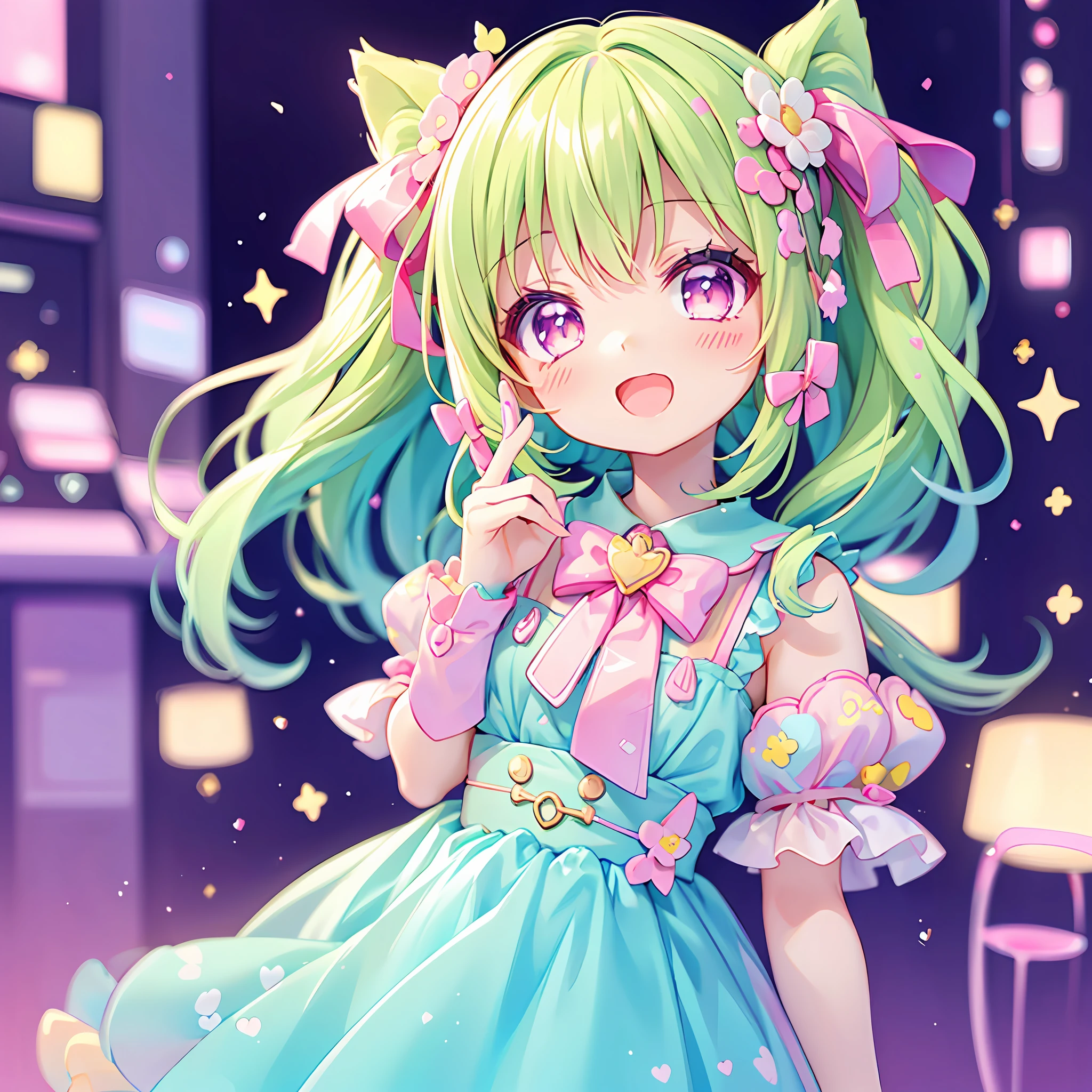 (chibi), idol, singing on the scene, kawaiitech, kawaii, cute, pastel colors, best quality, happy