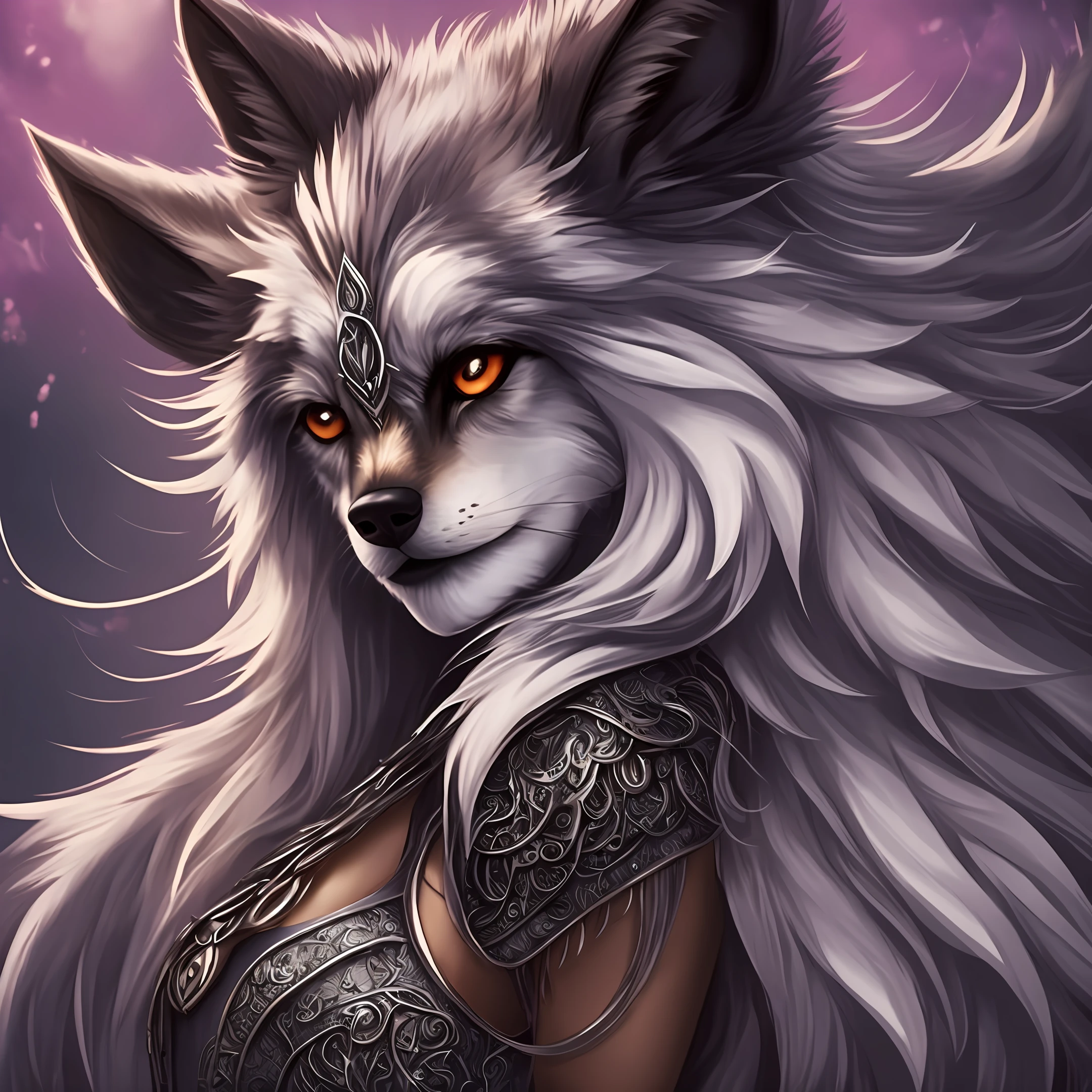 female body wolf, purple fur, long silver claws, arms outstretched, howl humain face, black skin, pink eyes, pink lips, prominent silver canine --auto --s2