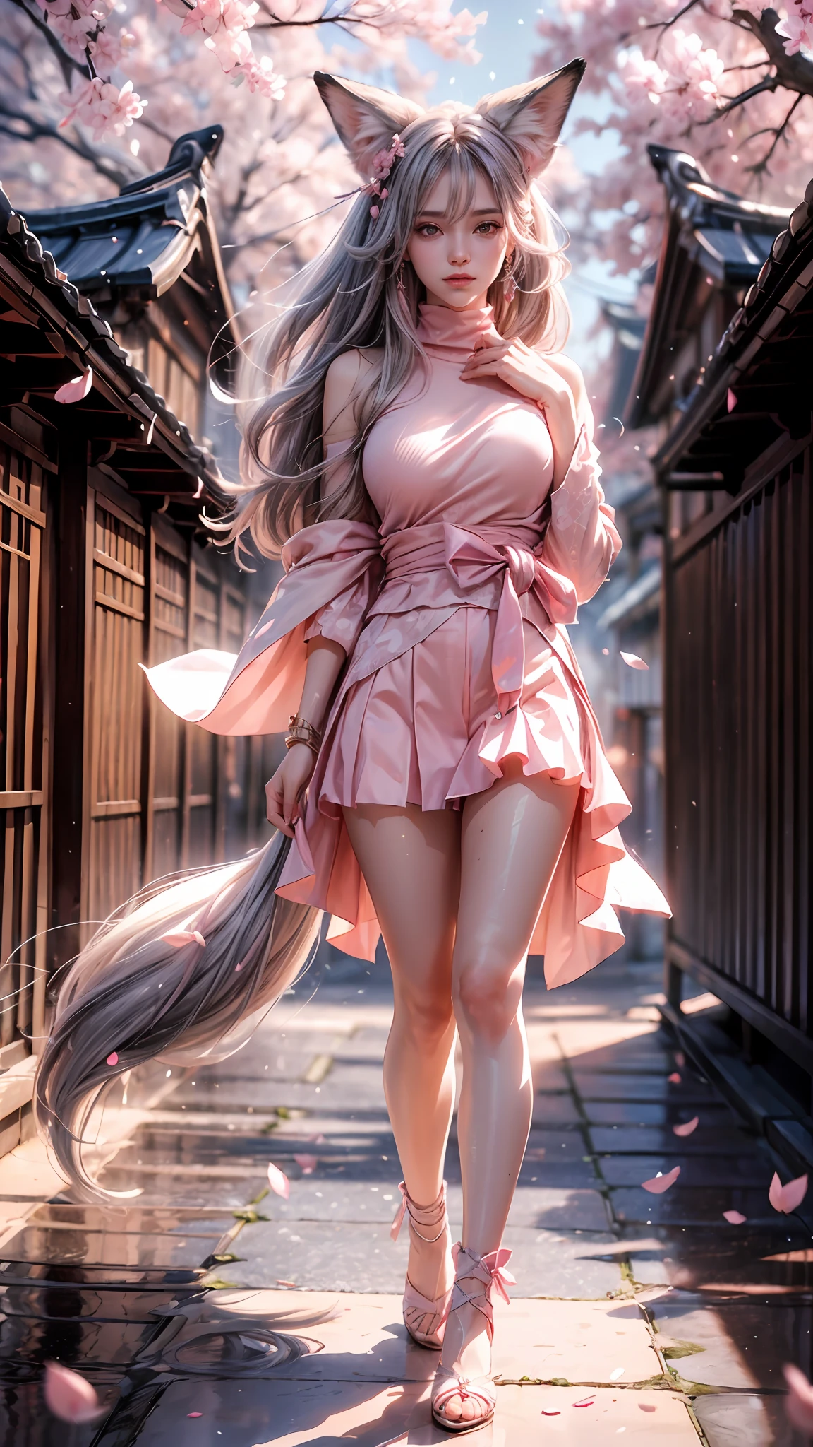 Best quality, hyper-high detail, very high res, hight contrast，brightcolors，Extremely detailed CG, 真实感，absurd res，fox ear，Huge colorful fox tail， 8K,Colorful, A 20-year-old nine-tailed fox girl,East Asian girl，Place your hands on your waist，Perfect body shape,(long leges:1.6)，ssmile，Light turtleneck shirt，Detailed clothing patterns，tiese，(full body:1.3),Solo, in a panoramic view，kneels on the ground，high-heels，(Black eyes), (Gray hair to the shoulders), Extremely long white diamond hair floating, yellow ribbon, Beautiful eyes,(Wear pink:1.3),Wet clothes, Pink skirt，detailed and beatiful face and eyes, ((Shiny skin)), Shiny hair, (detailed and beautiful shiny clothes, Temple，holy rays，japan temple，the cherry trees，Cherry blossoms flying，Rained，(dynamicposes:1.3)，low perspective，