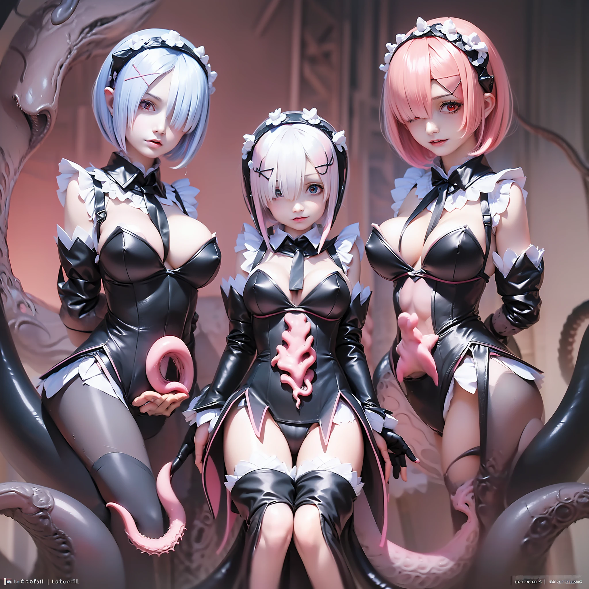 masterpiece, top-quality, Hi-Res, Ram, (((Ram(Re:Life in another world starting from scratch)))), ((((((Evil Fall)))))),(((((((Creatureization))))))), (((((Parasitized))))),(((((tentacle clothes))))), ((((((Leotard))))), (Hollow eyes), (((Colossal tits))), (((neck tie))), (((1girl in))), (((独奏))), (((Standing picture))),(((((A pink-haired))))), white thighhig, (((short-hair))), red eyes, Hair above one eye, ((frilld)), ((garter strap)),full-body view, Expressionless evil,(((Parasitic tentacles))),(((Tentacle))),(((three sided view))),(((Setting image)))