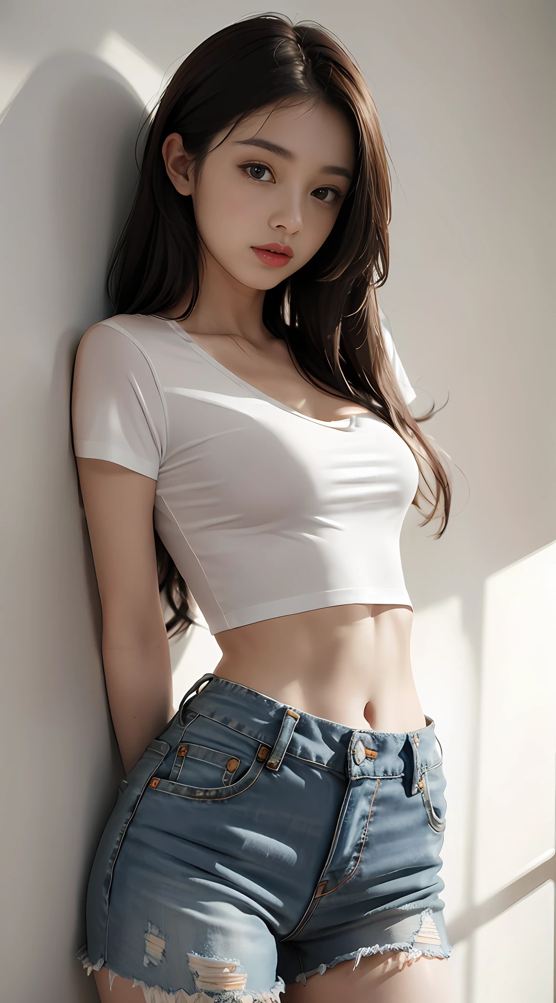 White short-sleeved tee,Reveal a little underwear,Expose a little chest