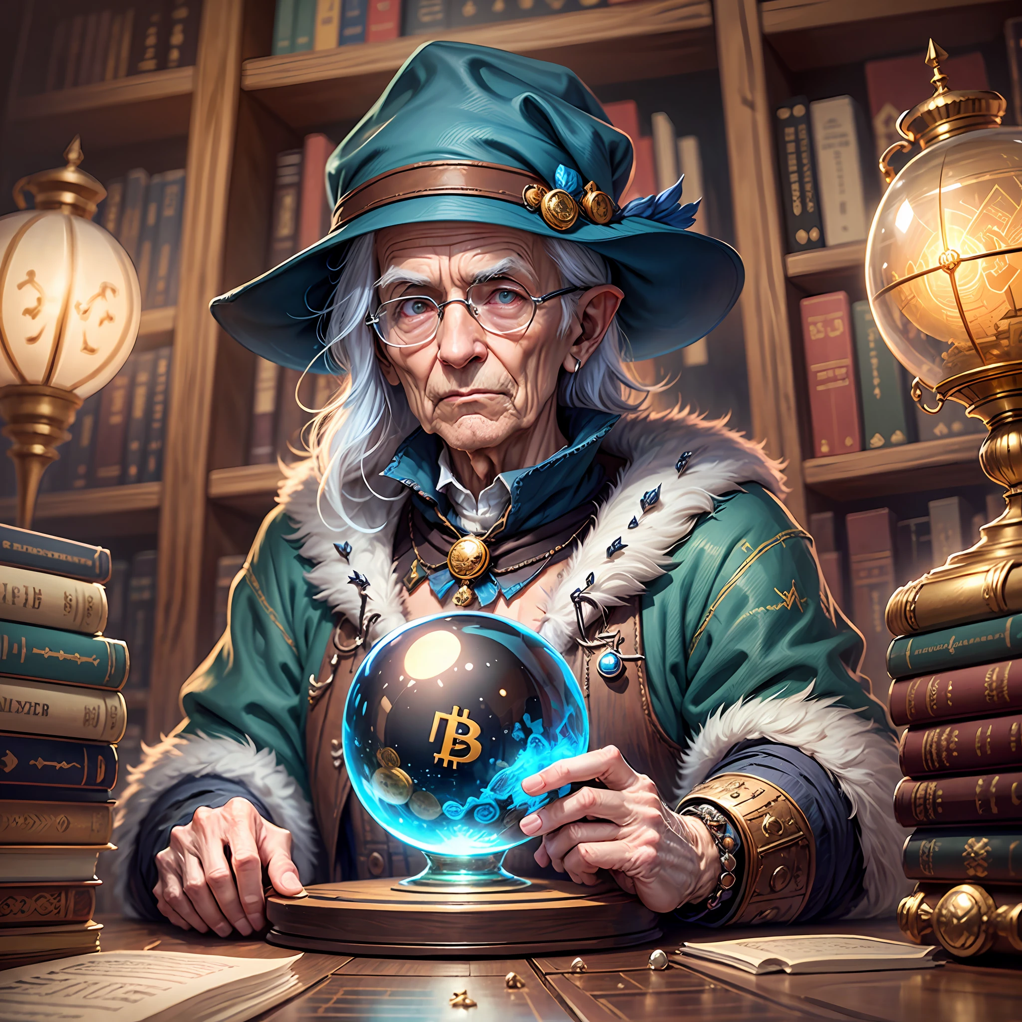 A Dungeons wizard & Dragons, elderly, blue hat, magic library, crystal ball, colar bitcoin, bitcoin, 8K
