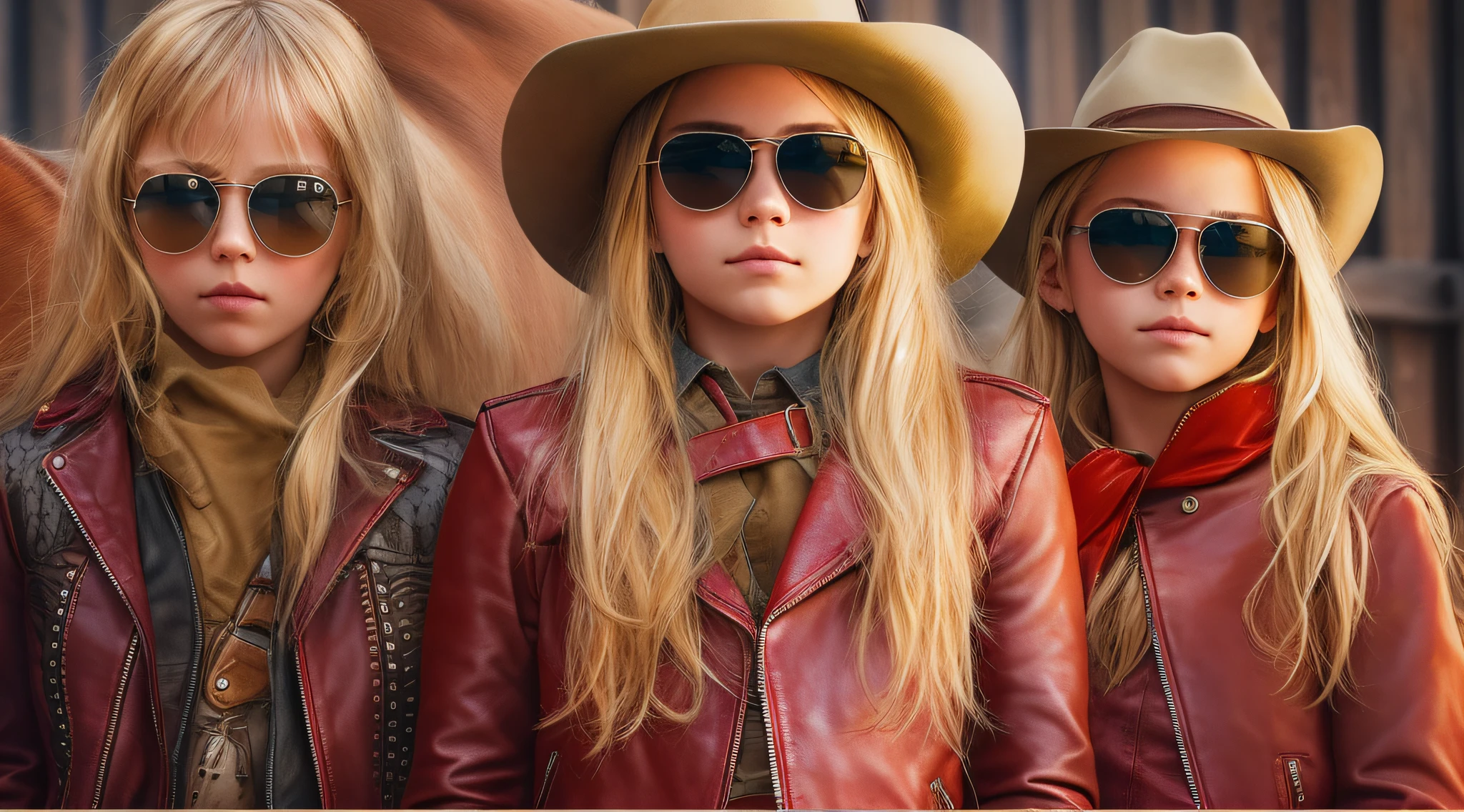 A half-body, portrait of 3 German child girls long blonde hair of 12 years, red leather jackets, sunglasses, a horse and exudes confidence, a cowboy hat pulled over his eyes. Wild West with a touch of modern style.