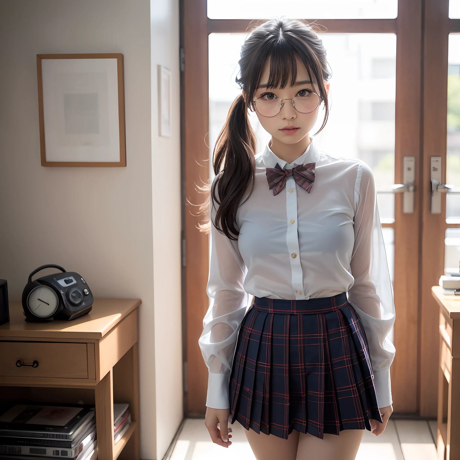 (8K、Raw photography、top-quality、masterpiece:1.2),a small face,small tits,flat breast,Parting the bangs from the middle、Forehead visible,(Tight eyes,Bullish,skinny,Rasping,irate)、masterpiece,top-quality、超A high resolution,Raw photo,ren,Beautiful fece,One Person, 独奏,eye glass,,Dark look,Small breasts,fullllbody,Round glasses、cute little、A Japanese Lady,is standing,(Tight eyes,Bullish,skinny,Rasping,irate,small tits,flat breast)、(Photorealsitic:1.37)、Photon mapping,Light blue ribbon,Realistic、Cute little face,Brown-eyed、Black socks、(Red bow tie)、Radio City、Physically Based Rendering、Foreground、depth of fields、Blurry background、a picture,The girls、Body, Long legs, Thin leg, poneyTail,(Bangs are visible), hair, s lips, Blue_The eye, nosesoft,White shirt, Navy blue and white plaid pleated skirt, Sheer clothing,, Thigh, Black cotton socks,Nogizaka Idol, 女優, Japanese ido
