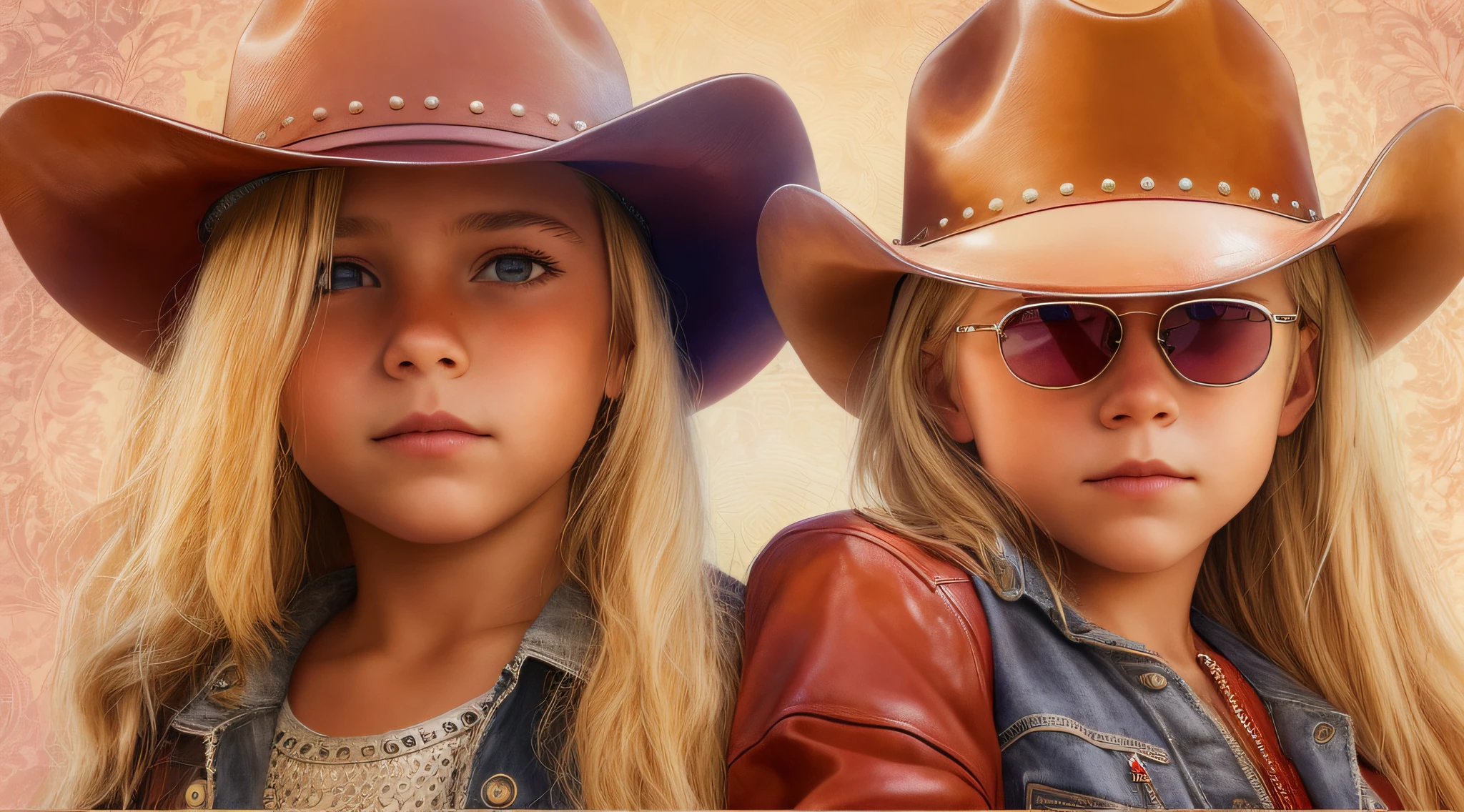 A half-body, portrait of 3 German child girls long blonde hair of 12 years, red leather jackets, sunglasses, a horse and exudes confidence, a cowboy hat pulled over his eyes. Wild West with a touch of modern style.