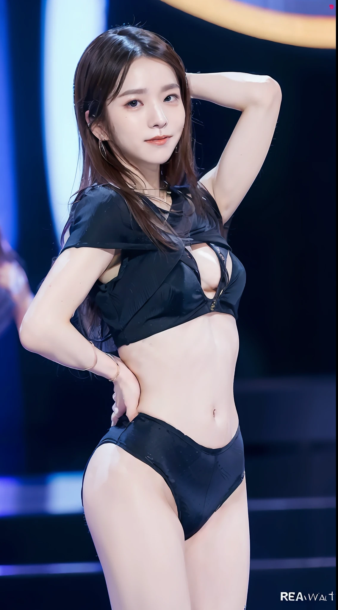 1 girl in(8K、Raw photography、top-quality、​masterpiece:1.2)、(realisitic、realisitic:1.37)、ultra-detailliert、FULL BODYSHOT、Popular singers in the spotlight on stage、Live performance venue、Stand Microphone、(((High leg with less fabric)))、realistic eyes and face details、natural skin textures、Dark eyebrows、Armpit、decolletage、cleavage of the breast、(((thighs thighs thighs thighs、Raw feet、a navel、abdominals)))、Fair skin、A detailed face、真实感、Realistic background、Realistic lighting、sexypose、Sweaty skin