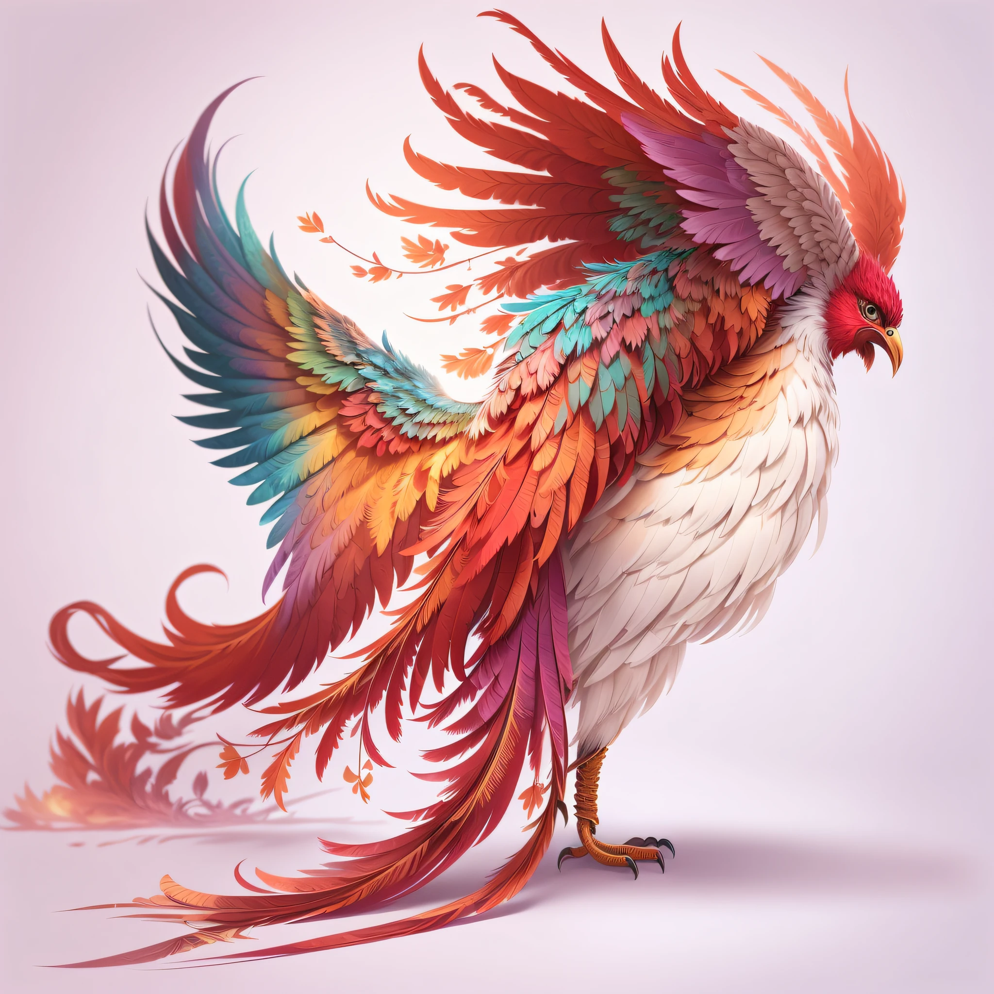 Colorful bird with feathers unfolded on white background, artwork of a phoenix, Beautiful digital artwork, Exquisite digital illustration, A beautiful artwork illustration, digital painting highly detailed, fiery bird, stunning digital illustration, Made of feathers, surrealistic bird, Highly detailed digital art, mythological creatures, birds f cgsociety, Beautiful digital illustration, colorful concept art, detailed realistic colors