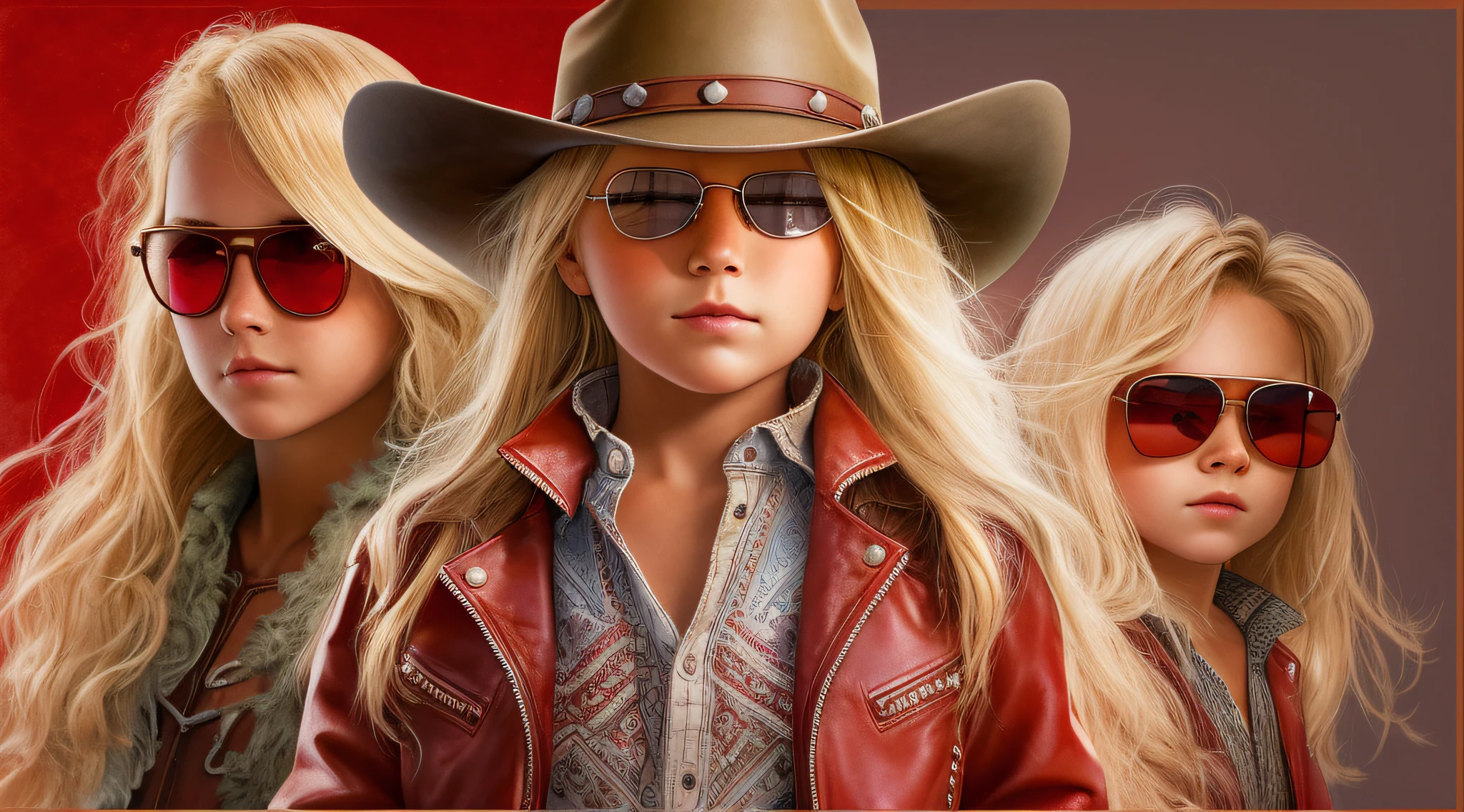 A half-body, portrait of 3 German  girls long blonde hair of 12 ye leather jackets, sunglasses, a horse and exudes confidence, a cowboy hat pulled over his eyes. Wild West with a touch of modern style.