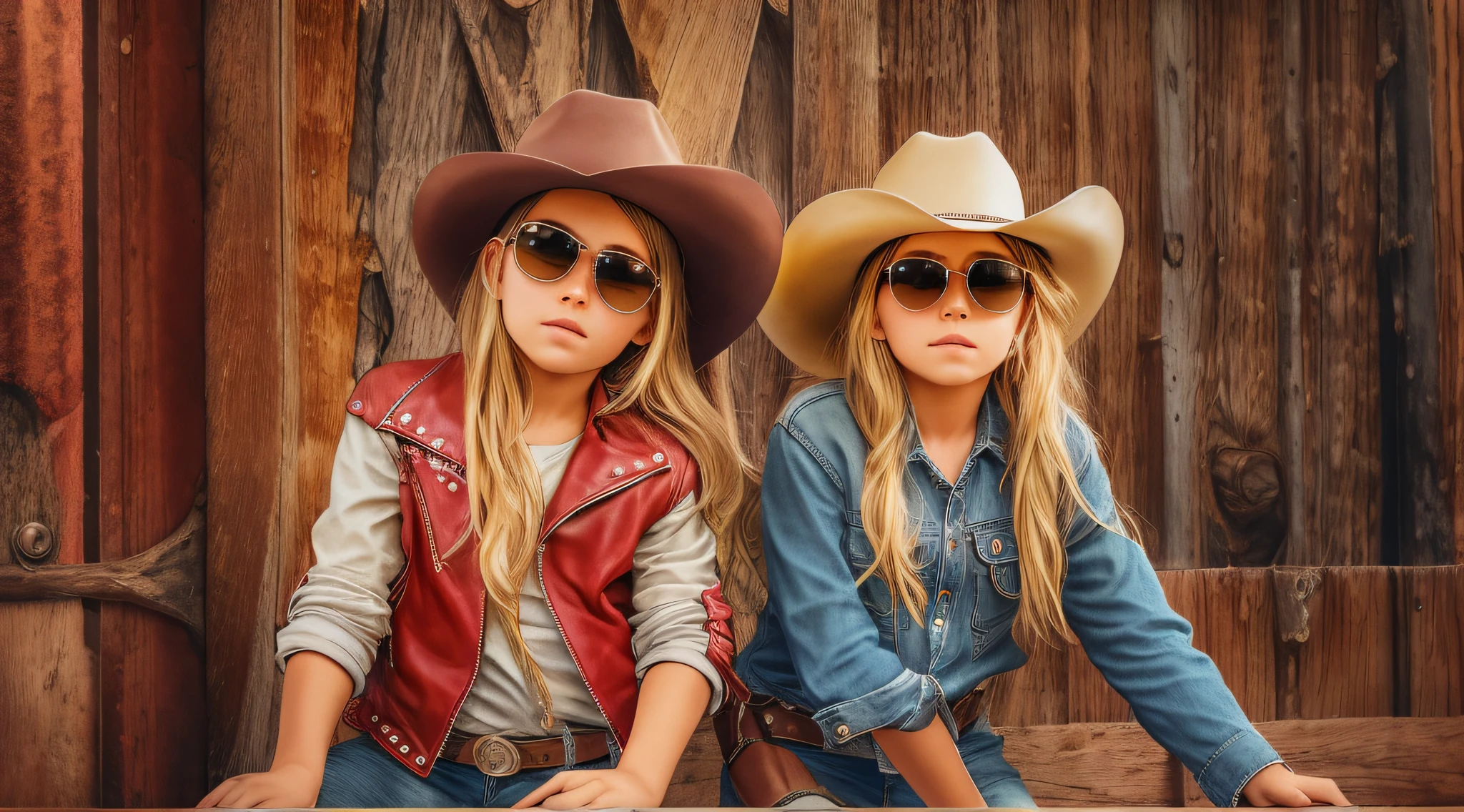 A half-body, portrait of 3 German child girls long blonde hair of 12 years, red leather jackets, sunglasses, a horse and exudes confidence, a cowboy hat pulled over his eyes. Wild West with a touch of modern style.