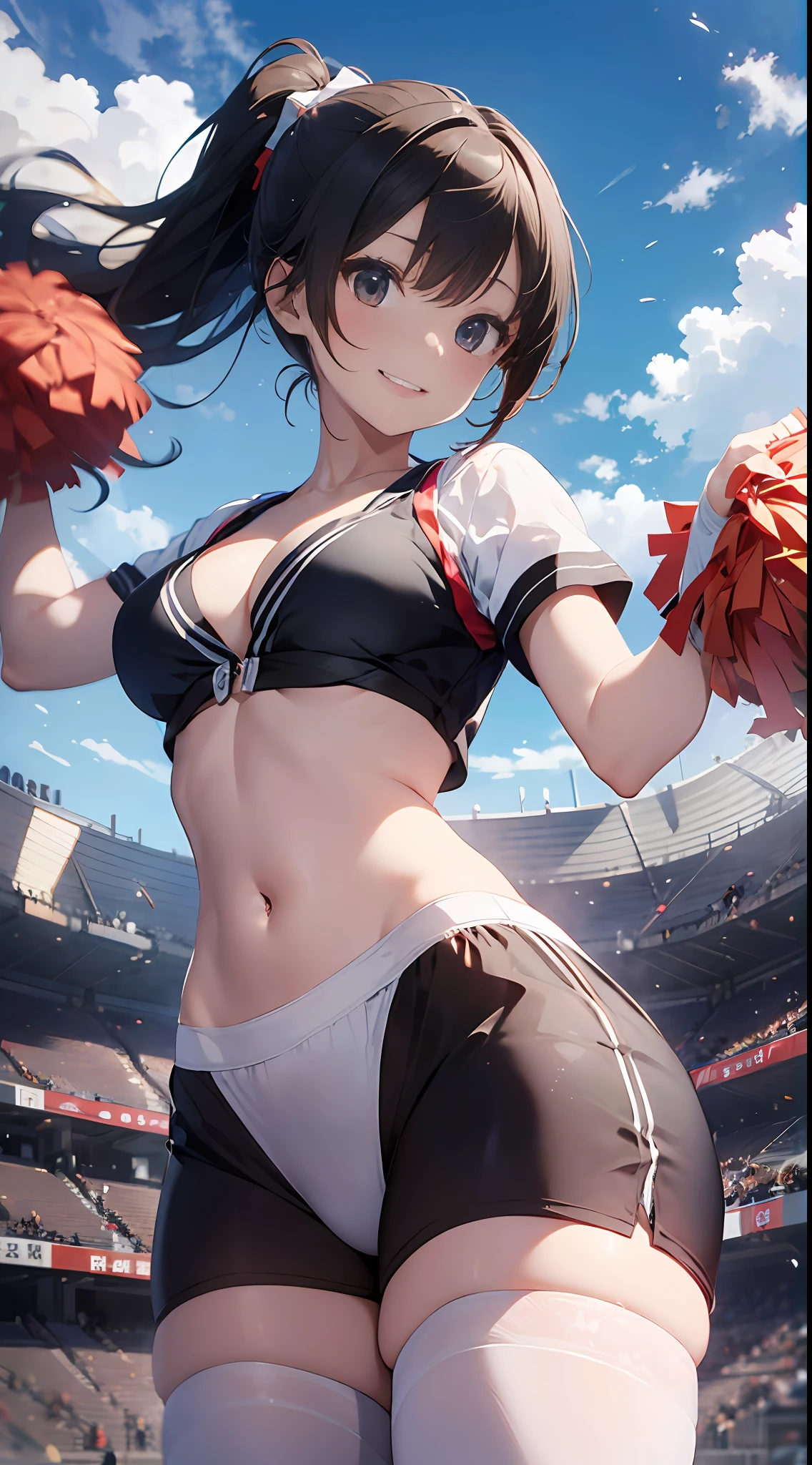 Arab Federal Reserve Bank Asian cheerleader poses dynamically in the stadium，Holding a large pom-pom in both hands、write、closeup cleavage、cosplay foto、Anime cosplay、smallunderboob、RAW photography, top-quality, A high resolution, (tmasterpiece), (Photorealsitic:1.4), professional photoshooting, foco nítido, NFFSW, 8K分辨率, intricately details, depth of fields, the Extremely Detailed CG Unity 8K Wallpapers, Frontlighting, Girl vs, Beautiful supermodels, A smile、slenderness、Mary Ross、pony tails、Dense depiction、Korean uniform、(posterior view)、Peek from below、(skinny thigh)、White underwear is visible