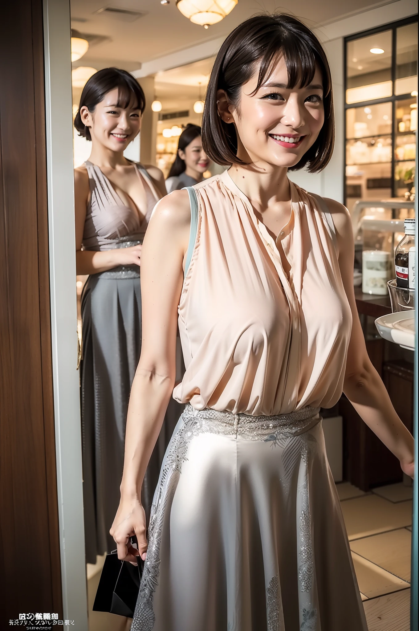 best qualtiy、masterpiece、fidelity:1.3、超A high resolution、(Photorealsitic:1.4)、1 Most Beautiful Mature Woman in Japan(Obscene big breasts:1.4、Bob Hair)、Mature obscene body、Obscene mom、The ultra -The high-definition、Embarrassed face、Perfect Style、shopping mall、Obscene smile、Body shape like a gravure idol、Eroticism that everyone looks back on、White blouses、Black fluffy flared skirt