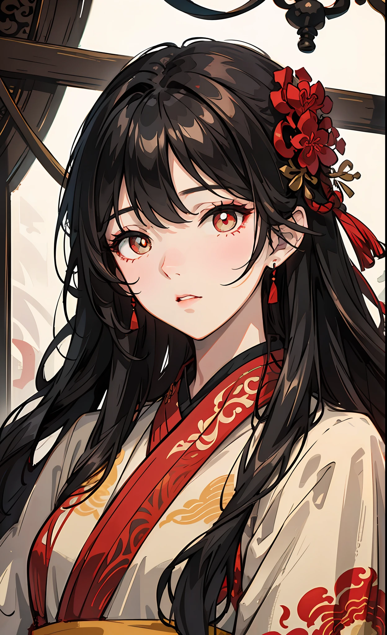 Mature girl, black hair, floating hair, delicate eyes, red pupils, heroine, black and red antique damask hanfu, FOV, f1.8, masterpiece, complex scene, gorgeous portrait shot