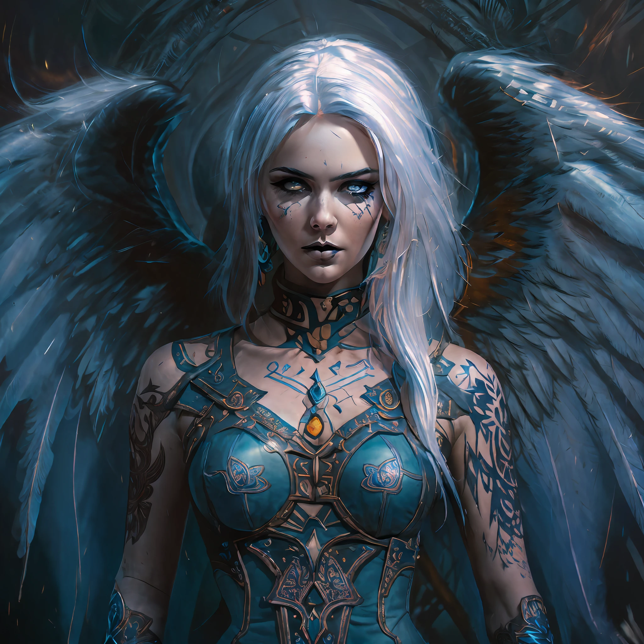 (((fullbody))) Behold the crimson- blue safiro wings woman angel woman with white hair, full body, piercing crimson eyes, and pale skin standing amidst the twilight. Every detail of this mythical creature has been captured in extreme quality, from the tattooed bodies to the ultra-detailed face, all rendered in ultra HD 8k digital art with unmatched precision and digitality. The dark lightning that surrounds this magnificent being adds to the sense of awe and wonder. This is not just any digital art portrait, but a concept art masterpiece by Greg Rutkowski, also known as artgerm, renowned for his hyperdetailed and intricately detailed gothic art style. The use of triadic colours adds to the fantastical and otherworldly nature of the piece, with intricate details that make it a true splash screen. The complementary colours and intricate details make this fantasy concept art a gothic