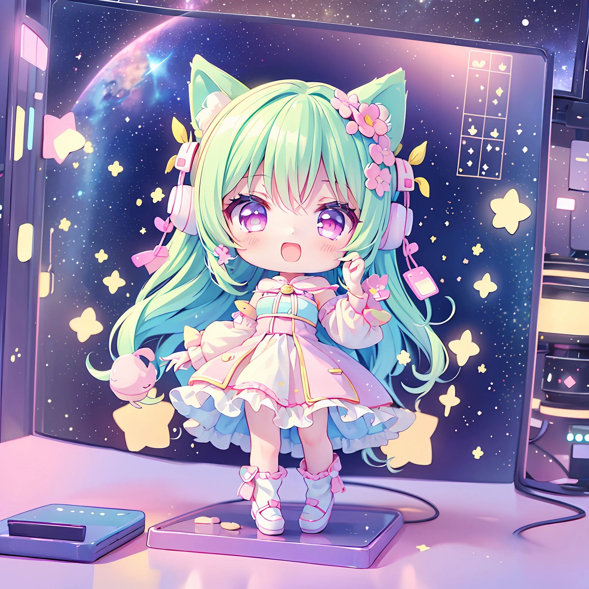 (chibi), idol, singing on the scene in the space, kawaiitech, kawaii, cute, pastel colors, best quality, happy, scifi