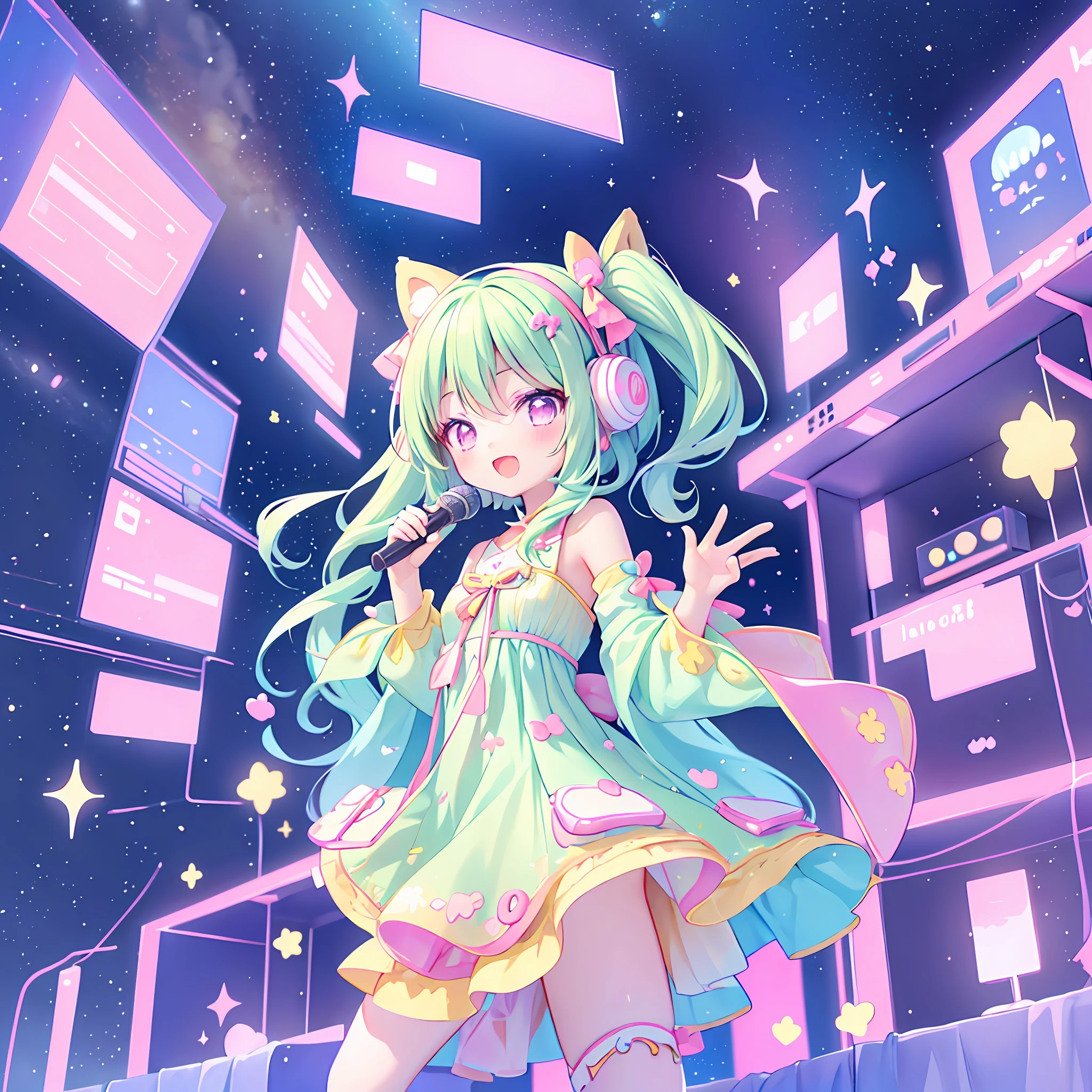 (chibi), idol, singing on the scene in the space, kawaiitech, kawaii, cute, pastel colors, best quality, happy, scifi