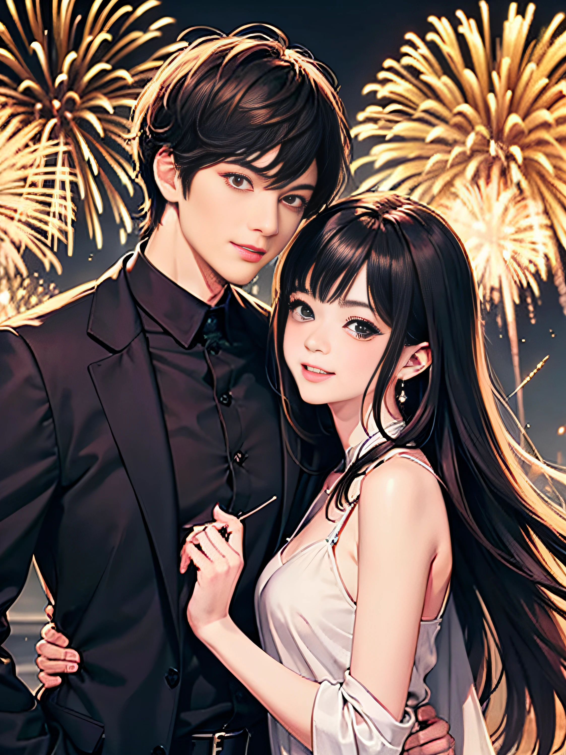 High resolution, couple, eye smile, handsome male beauty, girls shawl long hair, dress, boy black short hair, shirt, background fireworks, delicate facial features, clear facial features, optimized details