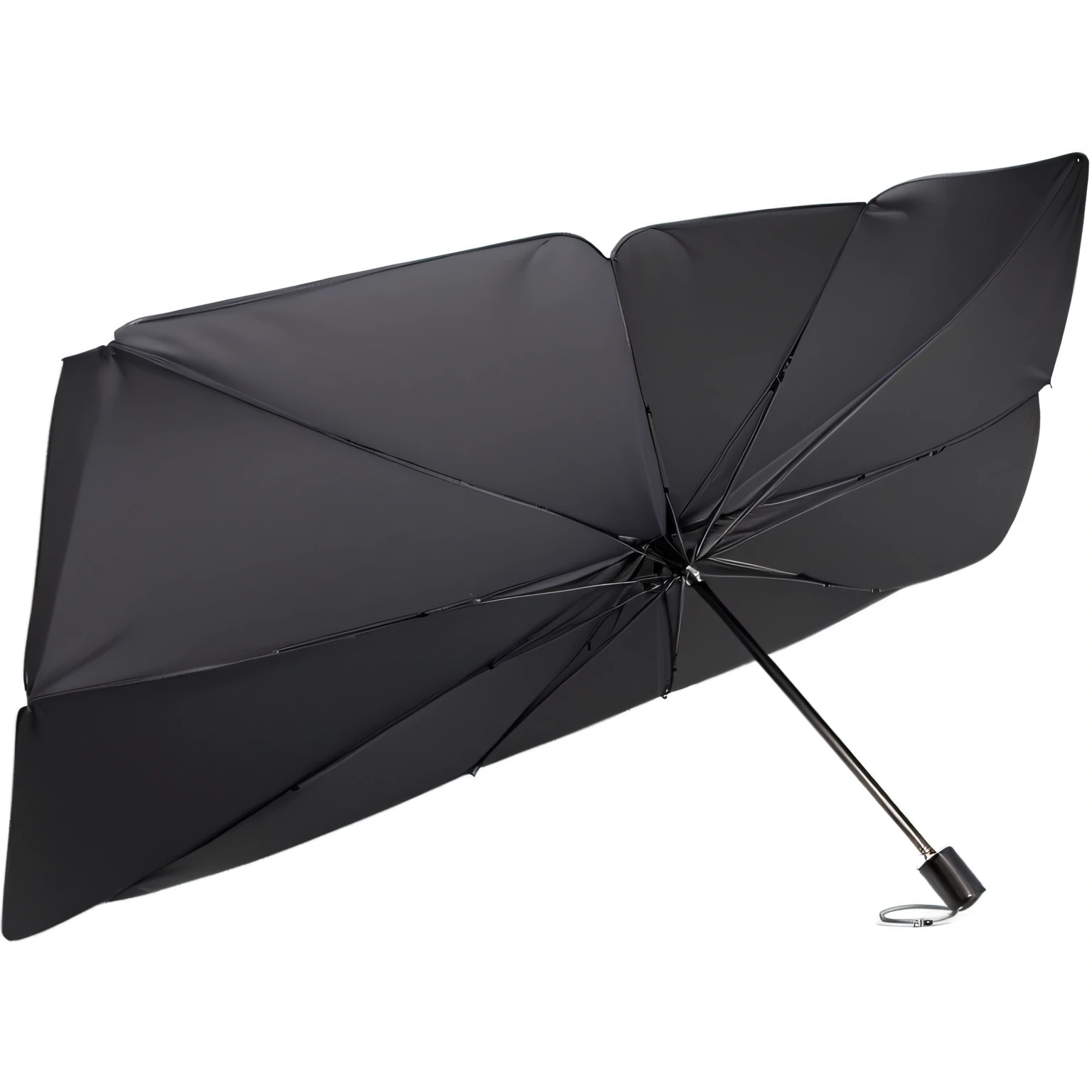 a close up of a black umbrella with a metal handle, angled view, right angled view, top angle view, black umbrella, side view centered, full lenght view, above side view, product photo, product view, angle view, 3/4 side view, ultra view angle view, profile close-up view, 3 / 4 view, 3/4 view