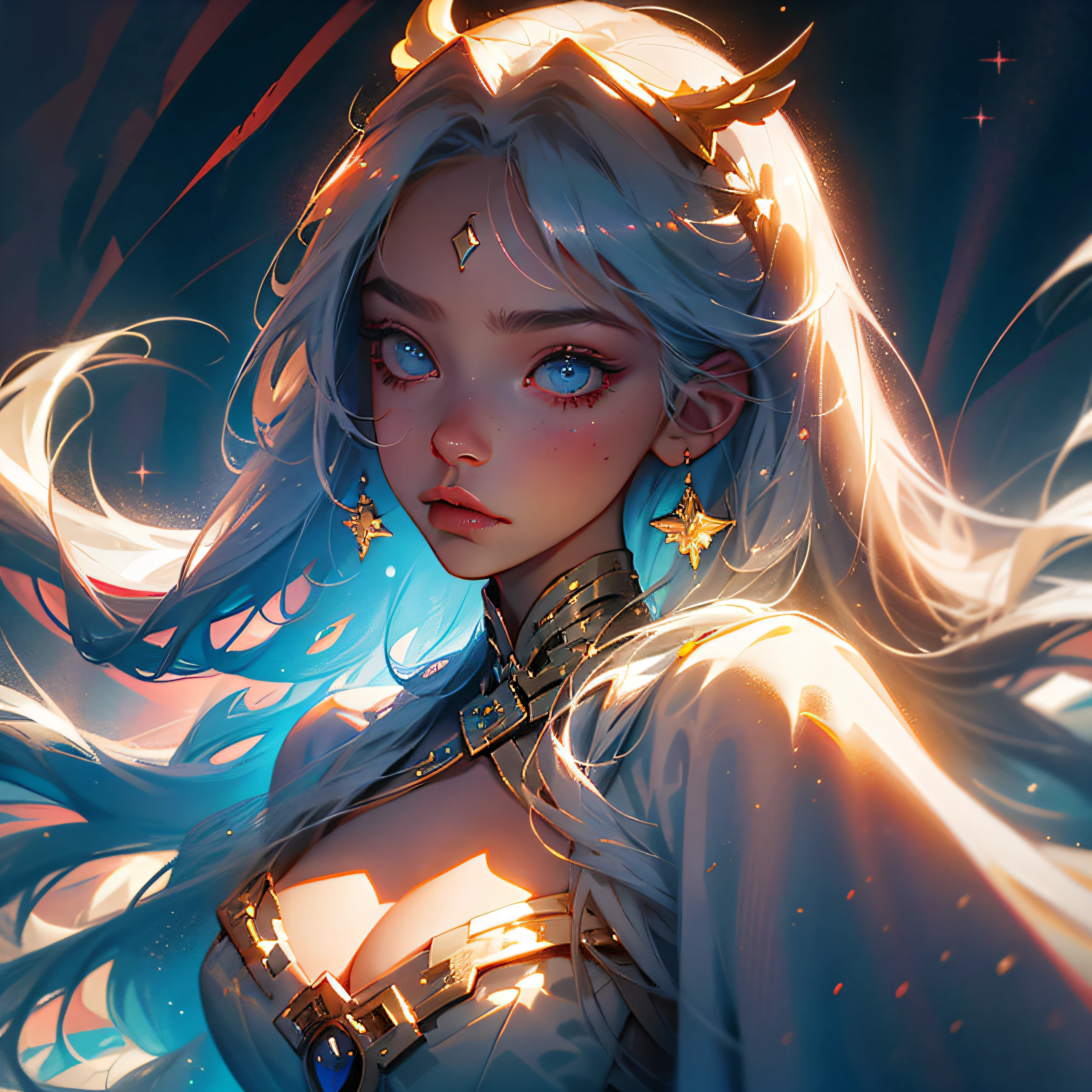 Need,tmasterpiece,whaite hair,Starry eyes,Manteau blanc,Look up,The upper part of the body,Hairline,Fair skin,long whitr hair，period costume，By bangs，Lori huge breasts cleavage，adolable
