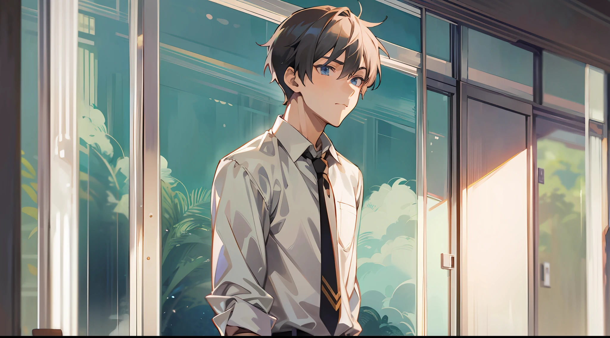 Anime boy standing in front of window in white shirt and tie,Handsome anime pose,high detailed official artwork,young anime man,Anime handsome man,digital anime illustration,Male anime style