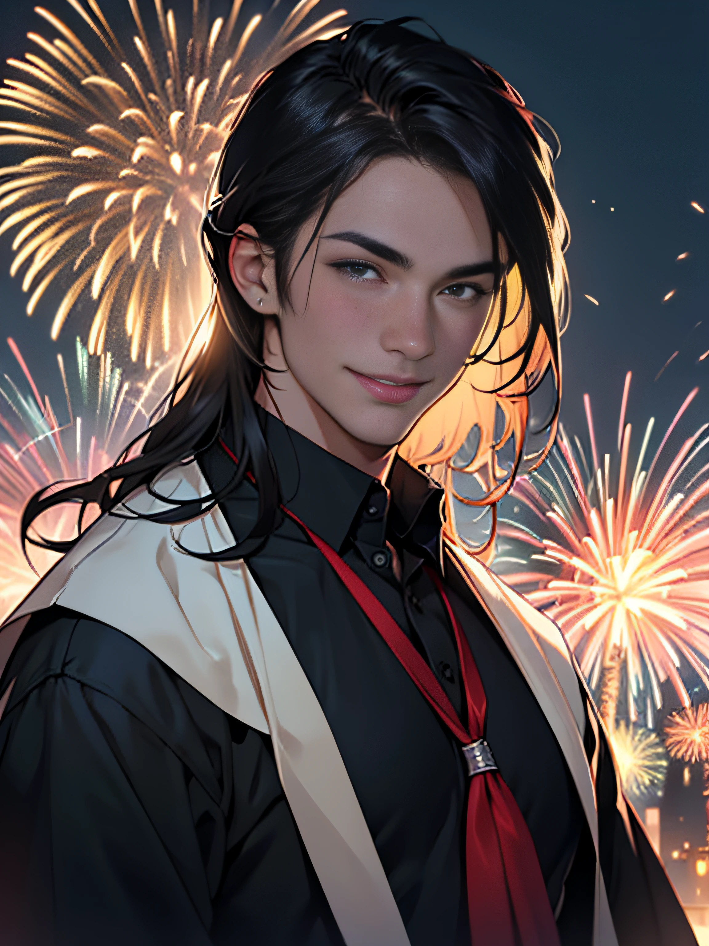 High resolution, couple, eye smile, handsome male beauty, girls shawl long hair, dress, boy black ((short hair)), shirt, background fireworks, delicate facial features, clear facial features, optimized details