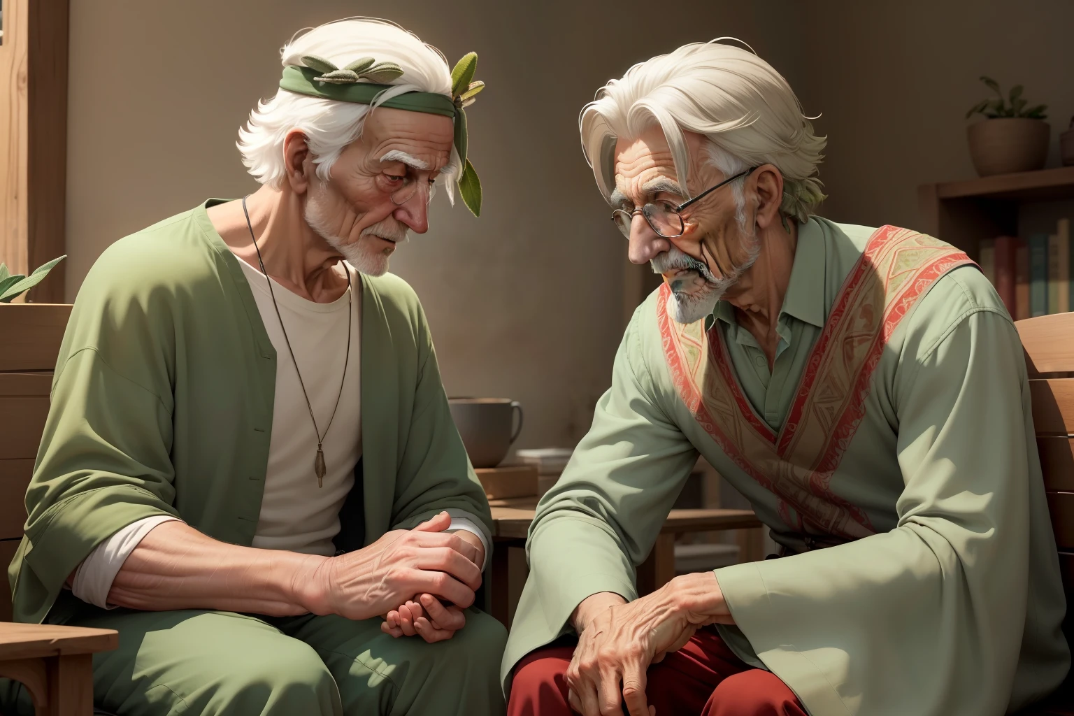 (((An elderly sage))), serenidade, conversa com um jovem de 25 anos descontente, The image should portray the young person's moment of understanding, olhando para baixo, while the wise man looks upon him with gentleness and wisdom.
