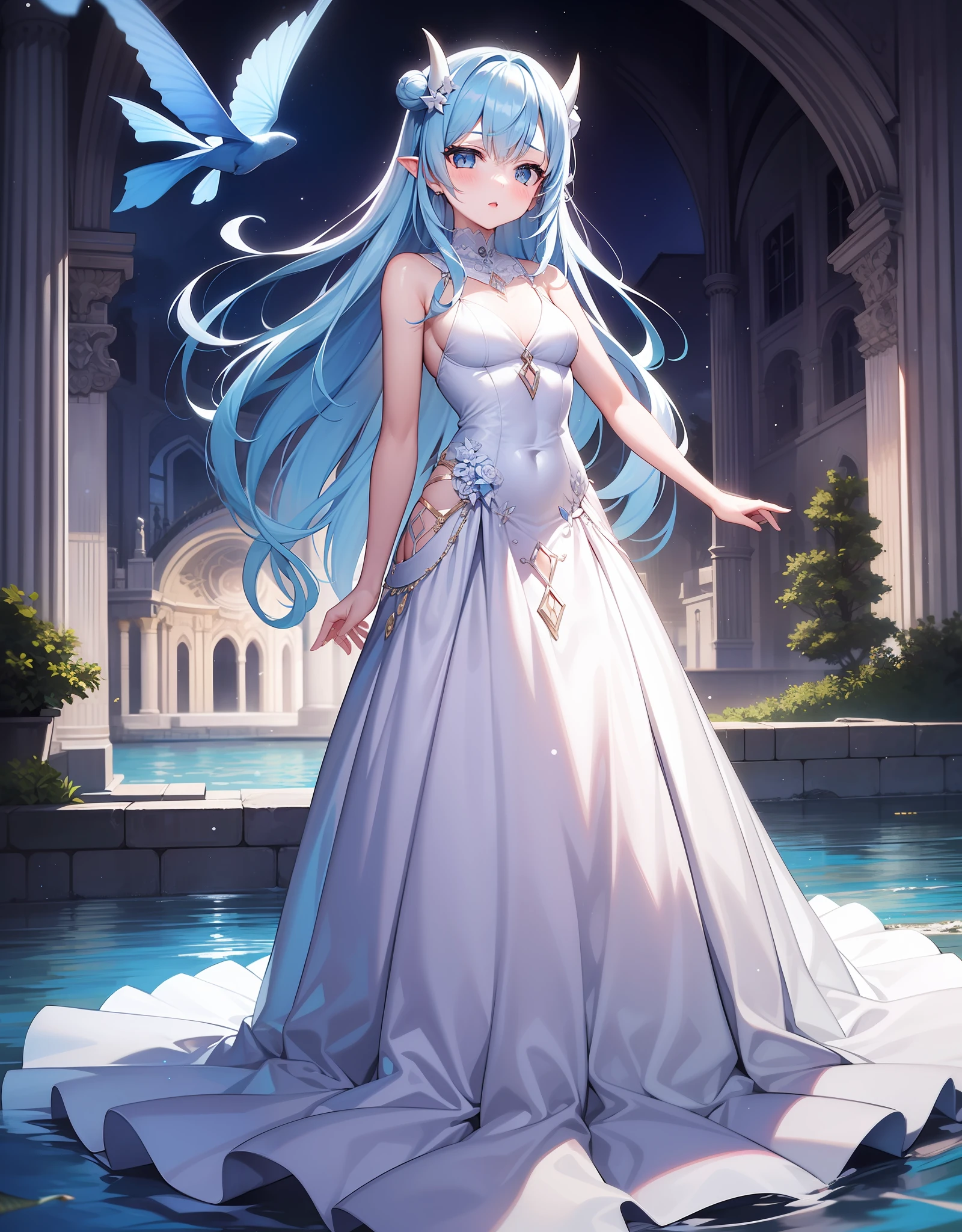 A girl with extremely long light blue hair with white demon horns and small with a long one, Seductive white ball gown in front of an abandoned cathedral filled with water and fish. Peito grande e enorme que mal cabem no vestido, chuva em plena noite estrelada, Water particles fly through the air