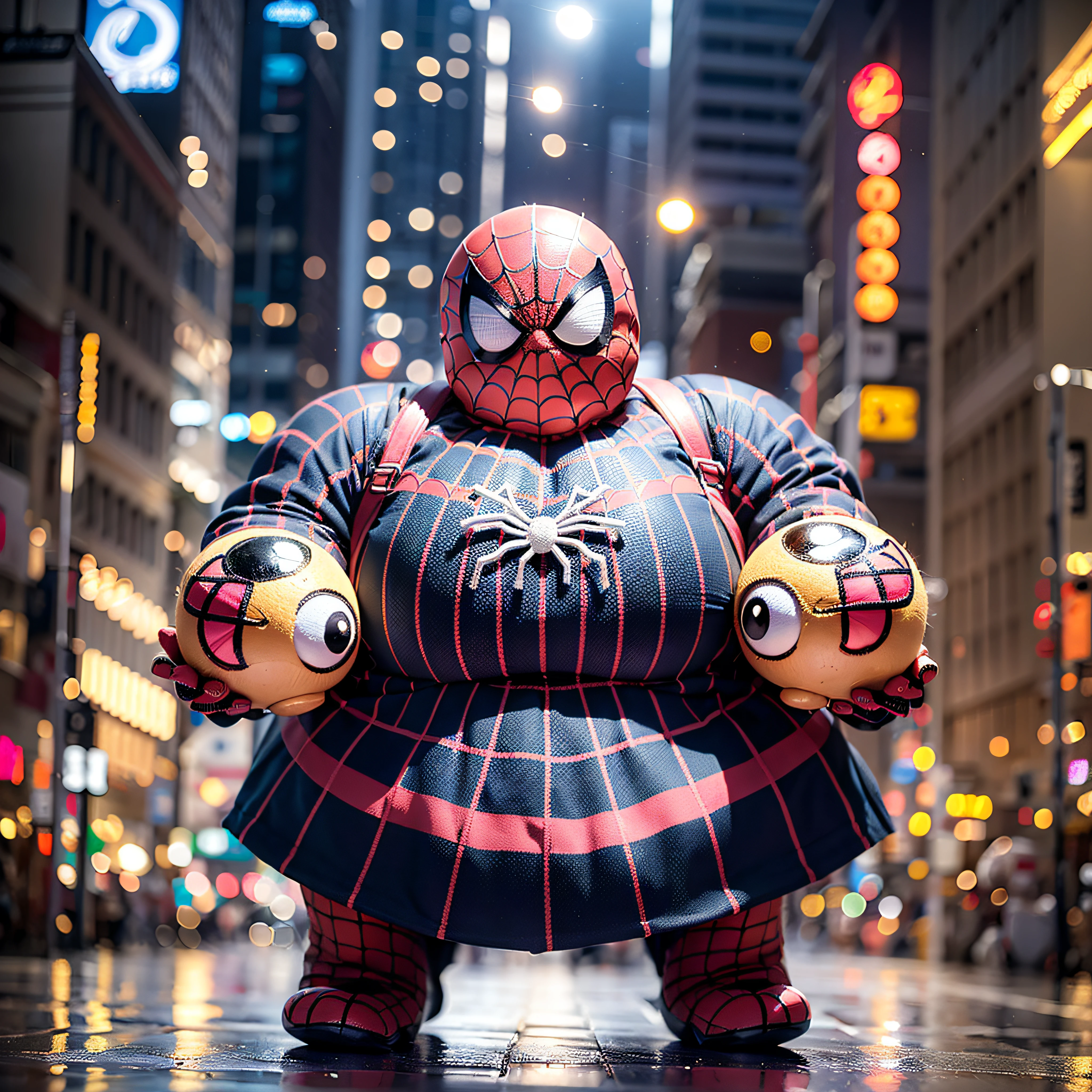 8K,(Extremely detailed Cg Unity 8K wallpapers),Exaggeration,absurderes, 5--old nese boy,age 5,Gne,dwarf,Big fat man,Spherical figure,bald-headed,Glowing bald head,Reflective head,Spider-Man dress up,Spidey,Bokeh background