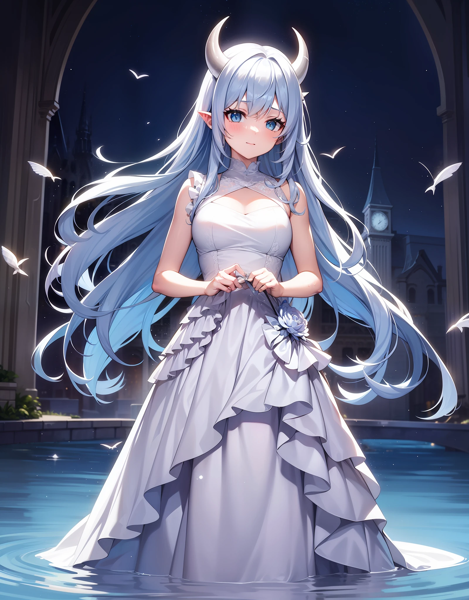 A girl with extremely long light blue hair with white demon horns and small with a long one, Seductive white ball gown in front of an abandoned cathedral filled with water and fish. Peito grande e enorme que mal cabem no vestido, chuva em plena noite estrelada, Water particles fly through the air
