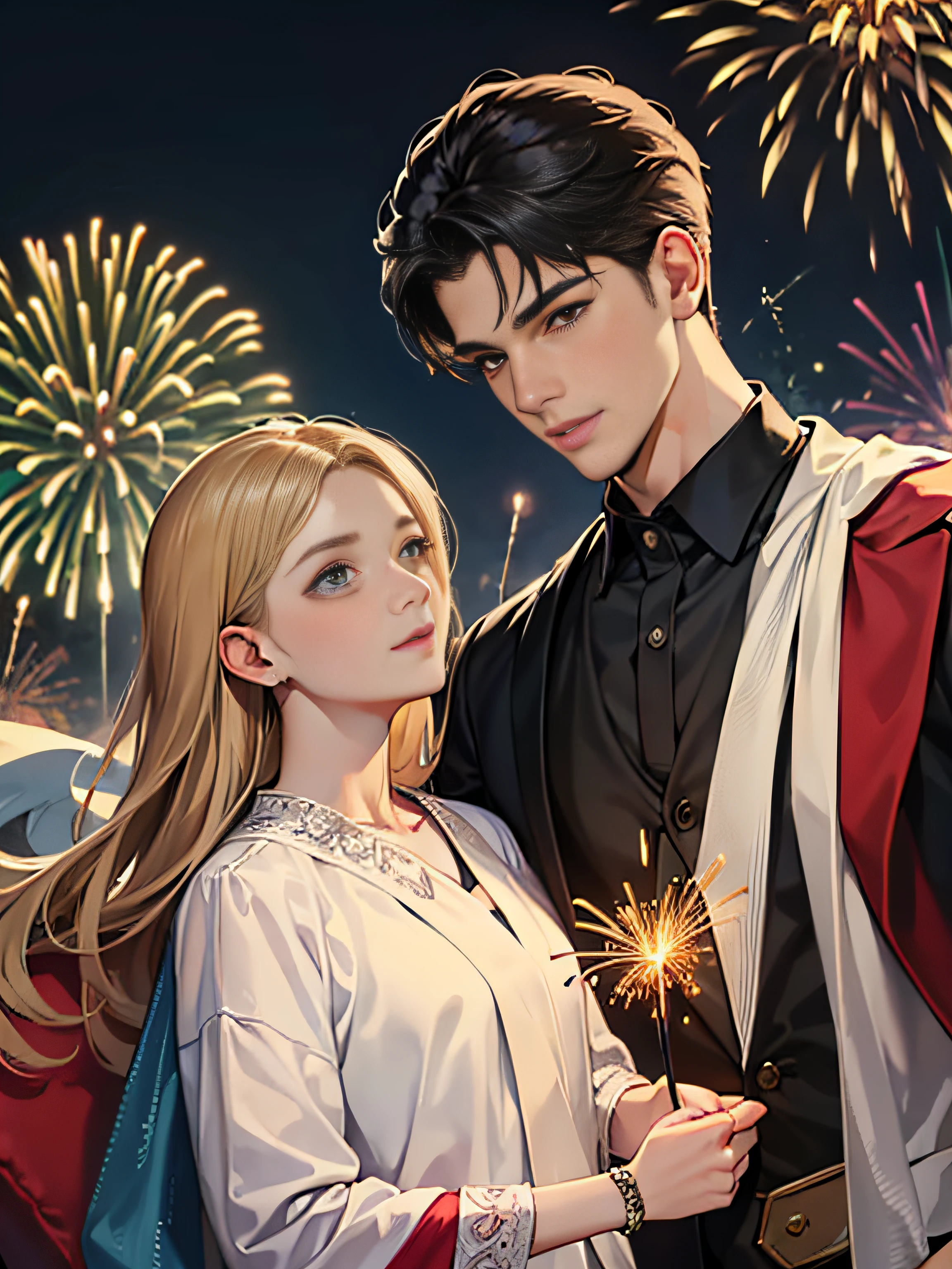 High resolution, couple, eye smile, handsome male beauty, girls shawl long hair, dress, boy black short hair, shirt, background fireworks, delicate facial features, clear facial features, optimized details
