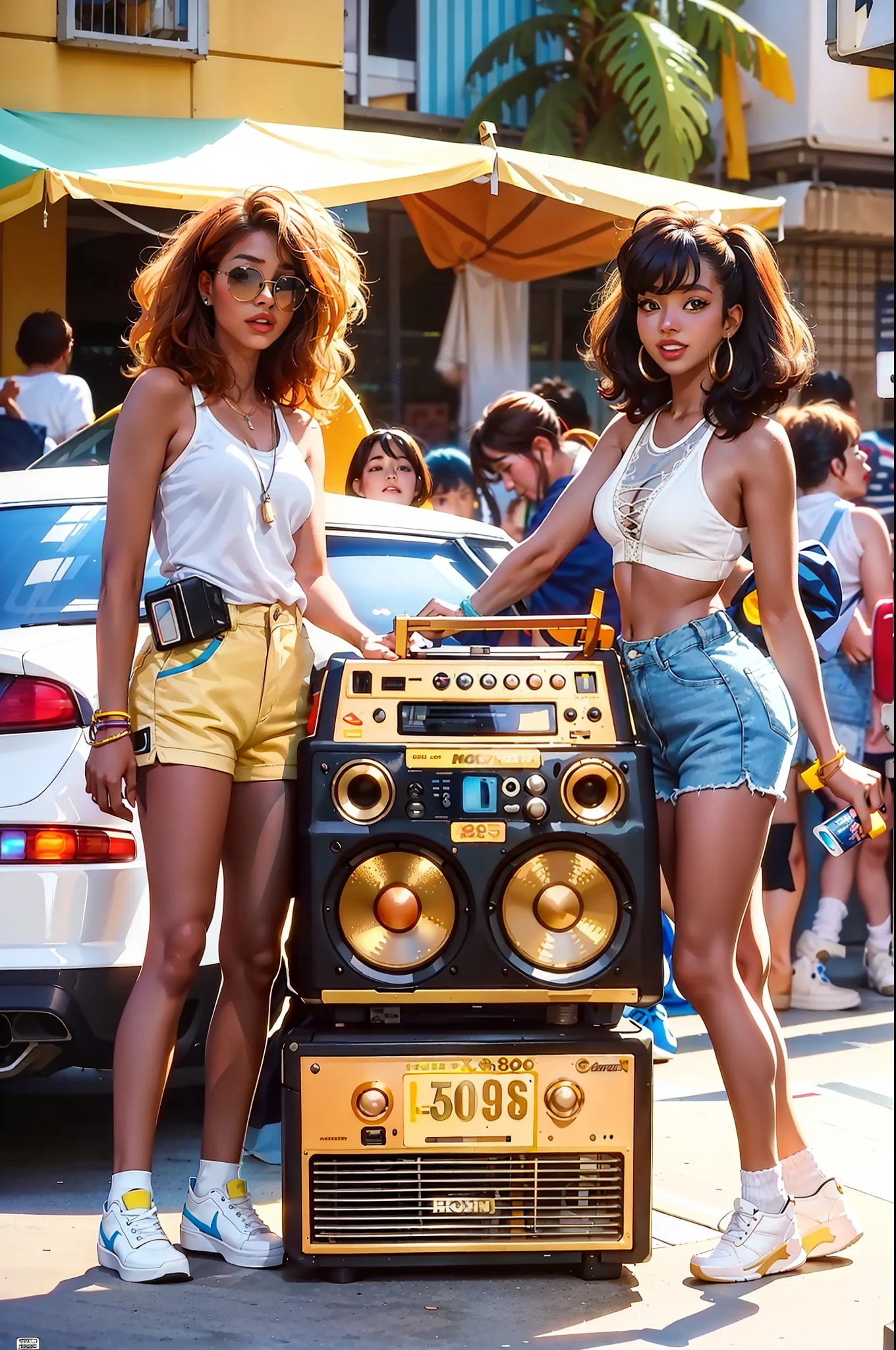 Two women in short shorts and white tops standing next to a Boombox, Boombox, Retro style and 1 9 8 0 s, Style 8 0 s, 80s style, Style 8 0's, 8 0 - s mode, 80s fashion, 1 9 Style 8 0 s, 1980s style, 8 0 s film fixe