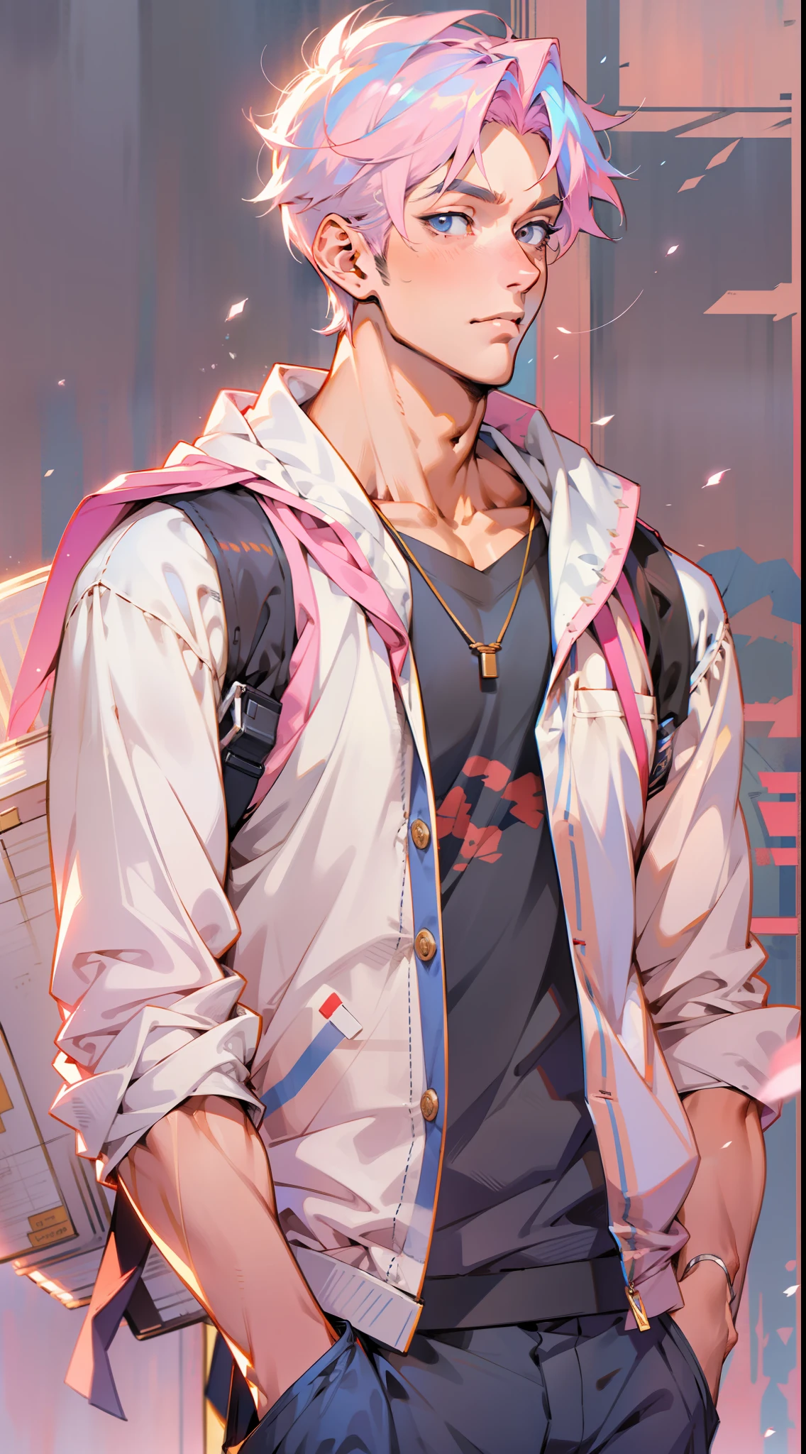 Illustration style，Anime characters，Full body like，Full body illustration，baby pink hair，Handsome man，bookbag，独奏，musculature，Handsome，A high resolution
