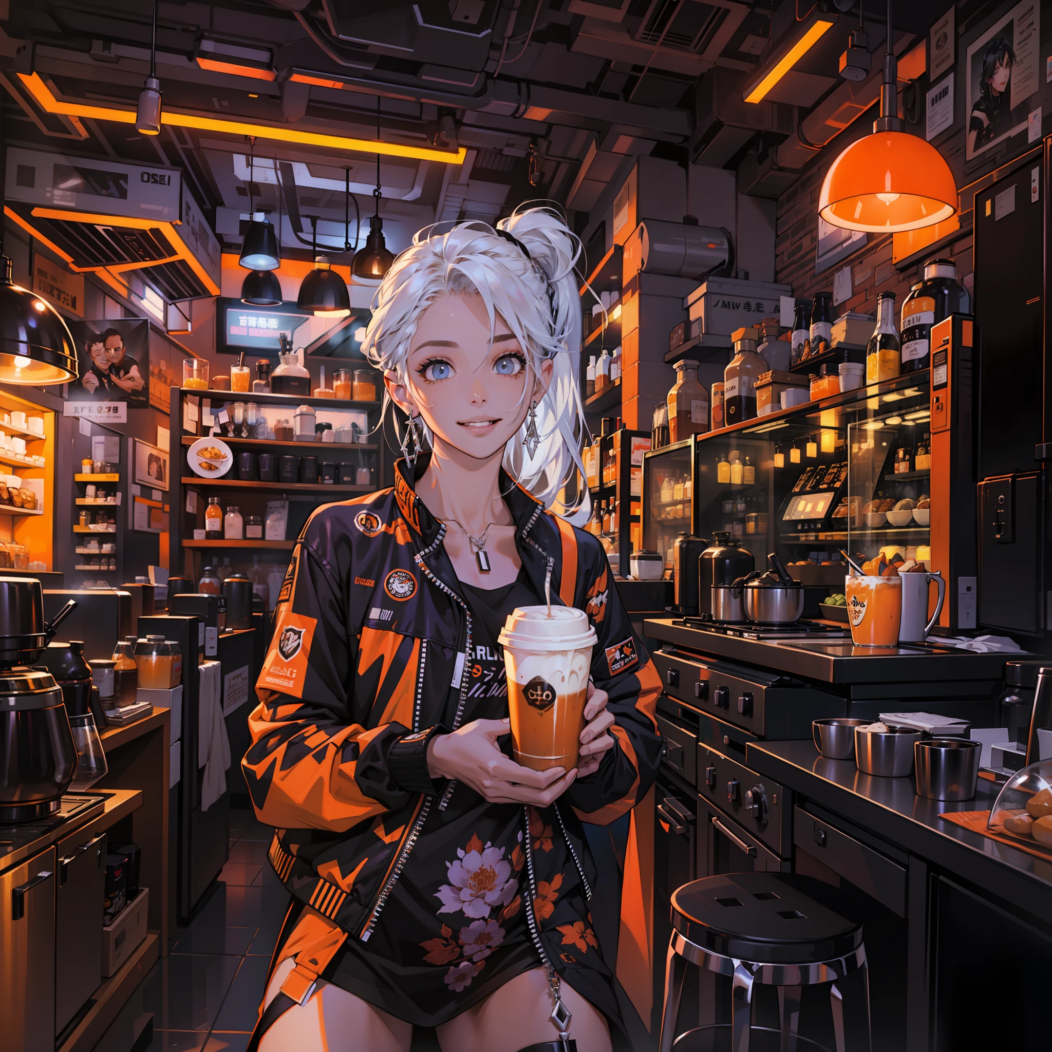 Best quality，tmasterpiece，Ultra-high resolution fills the picture，Indoor at night，Cafe in the sky,Orange color scheme for the café,There was coffee and wine,the night,inside in room，Coffee machine,Coffee lockers,Orange neon color scheme,Silver-white hair，Black fashion clothing，Orange and black matching outfits,boxer，Cafe beautiful girl，cyberpunk backgrouns,The background is colorful，Lateral face，Smiling，Various laid-back poses，Perfect makeup，Love eyes，8K quality，cyber punk perssonage，sense of science and technology，Character backlighting，rim-light，Movement changes，Flowing hairstyle，Loose hairstyle,The number of fingers is refined，The most beautiful girl in mankind，Wear a headband，Luminous accessories,Luminous earrings,Wear delicate accessories,Delicate close-up of the face，Realistic image quality，Super light and shadow，Very good figure，Meticulous，Have a cup or coffee on the roof in the evening，Very good figure，Raised sexy,luminous,Cool，Very stylish café,Cafe at night,Ray gorgeous,Have food,Laugh happily,